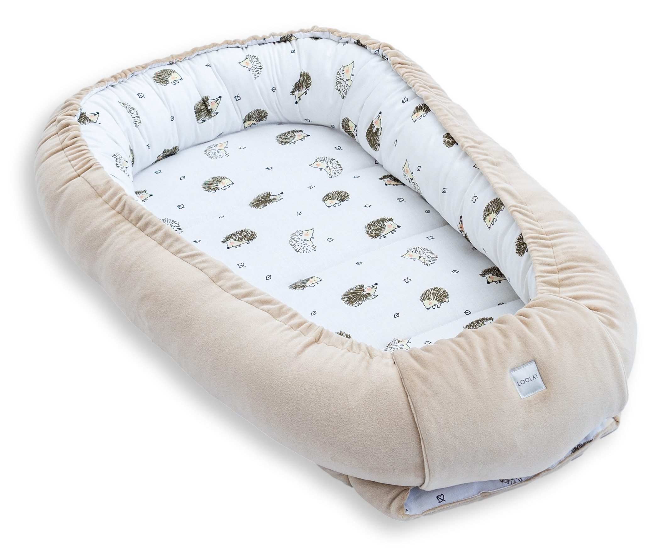 Loolay Kuschelnest BABYNEST SOLO Premium Babyausstattung - Baumwolle & Samt Velours, (MUSTER: BEIGE Samt Velour/ Igel Braun, 1-tlg., Liebevoll handgefertigt Nestchen! Geborgenheit Komfort für Neugeborene), Premium Ausstattung - 100% Europäische Stoffe und