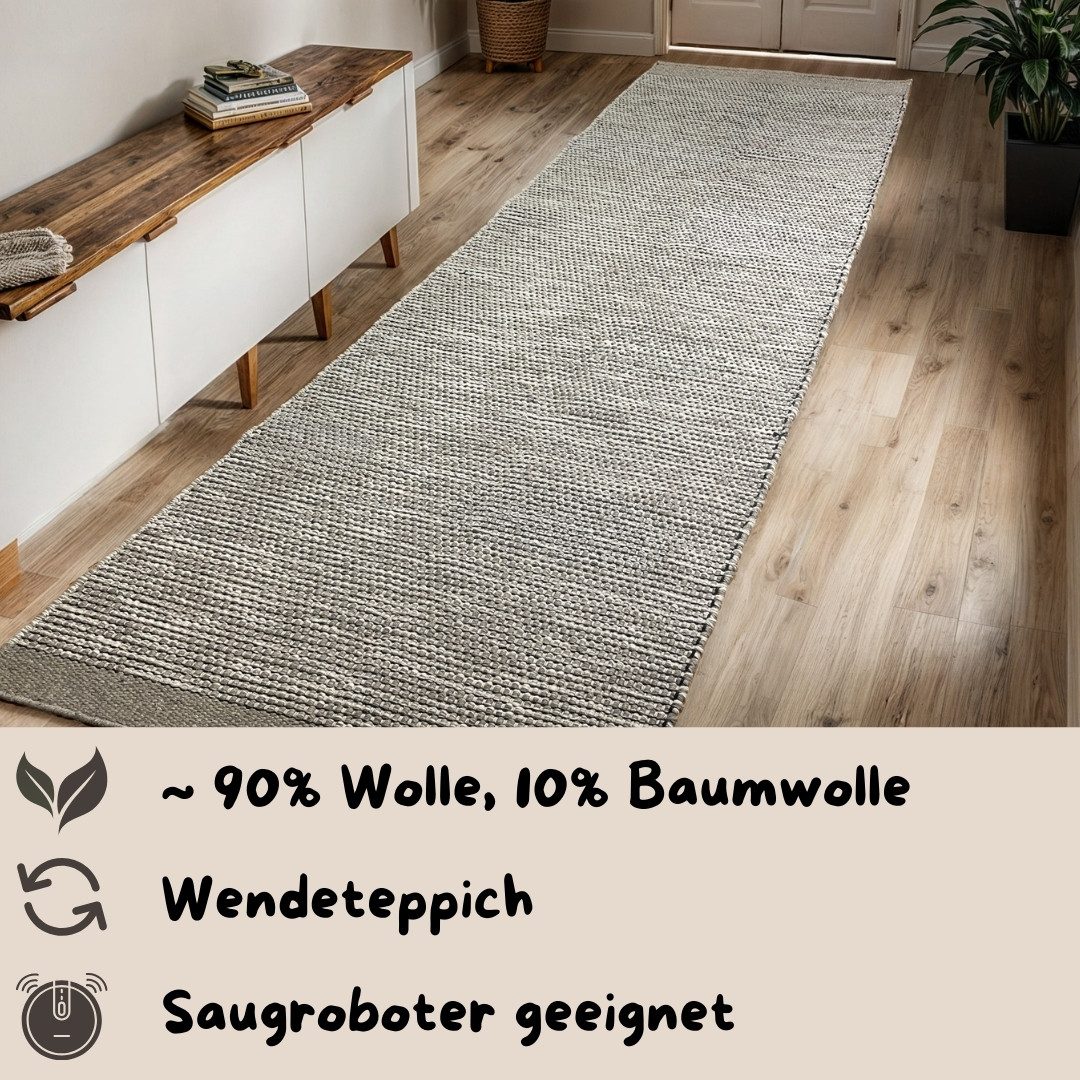 OTTO home Bettumrandung Odenne, Höhe 10 mm, (Set, 3-tlg), handgewebter Wendeteppich, melierte Optik, reine Wolle, Wohnzimmer