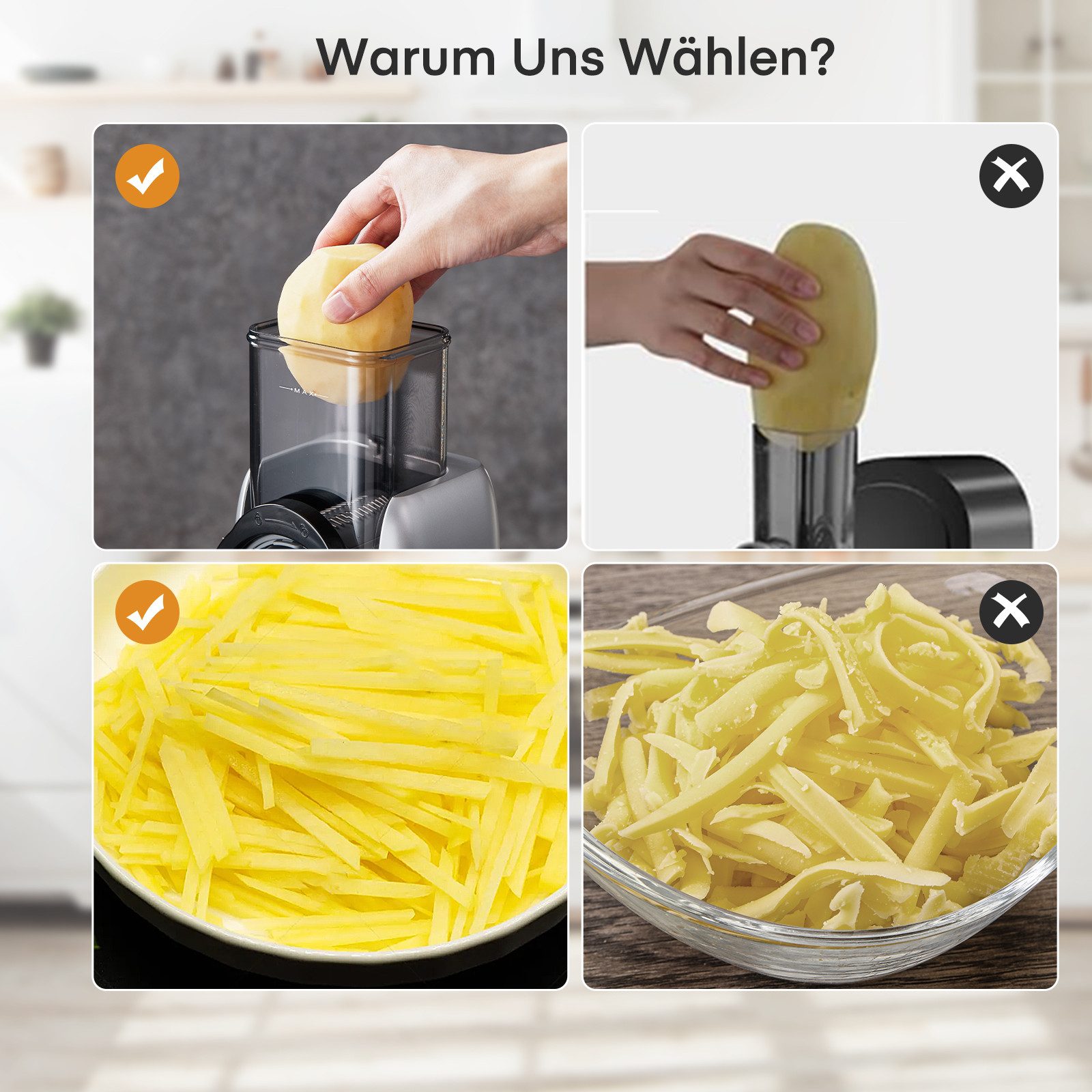 FOHERE Gemüseschneider 5-in-1 Elektrischer Gemüseschneider für effiziente Essenszubereitung, 80 W, 2 Größen Einfüllschacht für alle Zutaten, Aufbewahrungsbox