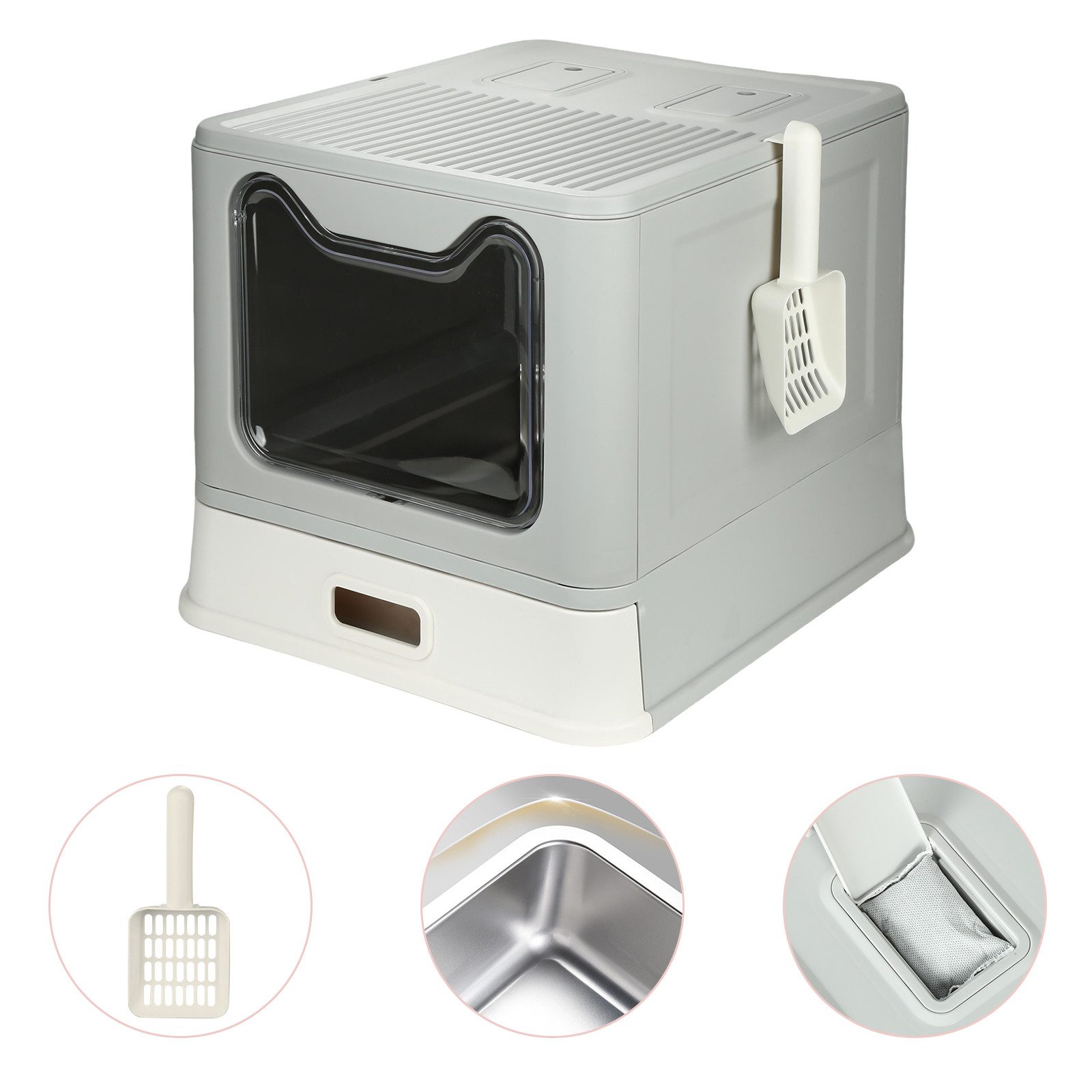 JEOBEST Katzentoilette Katzenklo mit Deckel, Geschlossene Katzentoilette aus Edelstahl, (Inkl. Aktivkohlefilter)mit Schublade & Schaufel für Katzen bis 15kg von JEOBEST