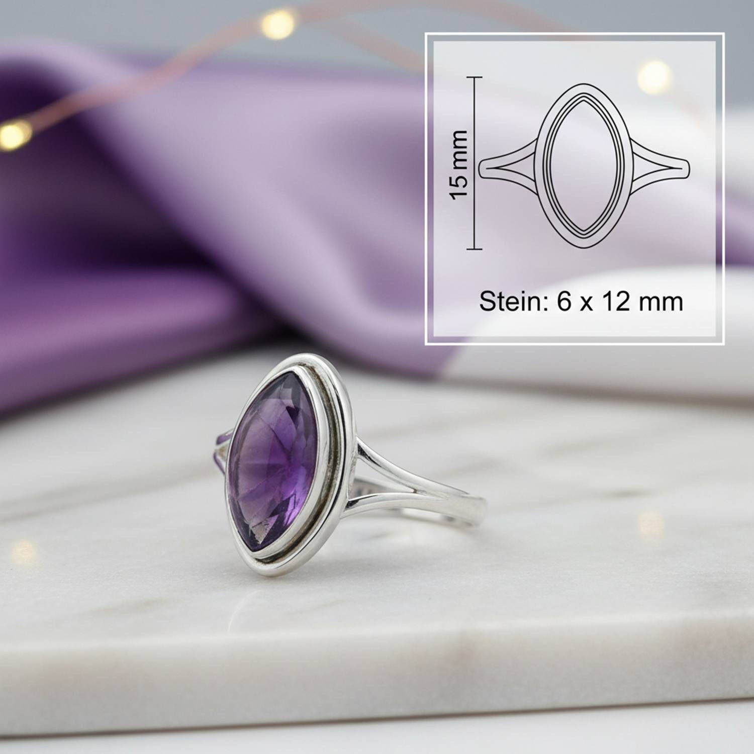 mantraroma Silberring SARALA Ellipse aus 925 Silber mit Amethyst (Ring mit Schmuckbeutel), Damenring aus 925er Silber