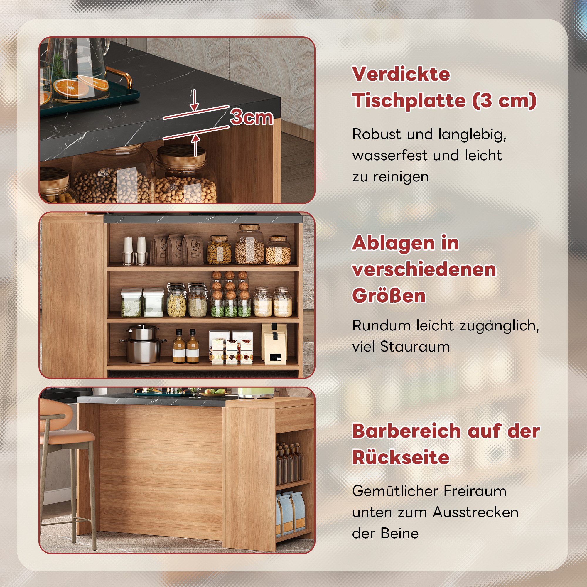 i@home Kücheninsel Küchenbar,Esstisch aus Eiche mit Marmor-Optik, 5 Ebenen Stauraum & versteckte Schublade,140×60×90 cm