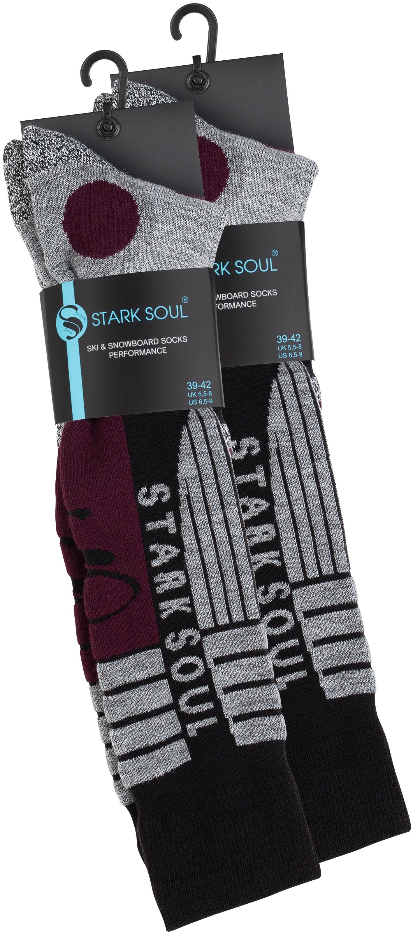 Stark Soul® Skisocken Ski Funktionssocken Socken und weiche Knöchel Belastungszonen, Dehnungszonen Weiche Spann, Zehennaht Grau-Schwarz-Bordeaux mit Polsterungen Spezialpolsterung, den am Snowboard Paar, an 2 2er-Pack, &