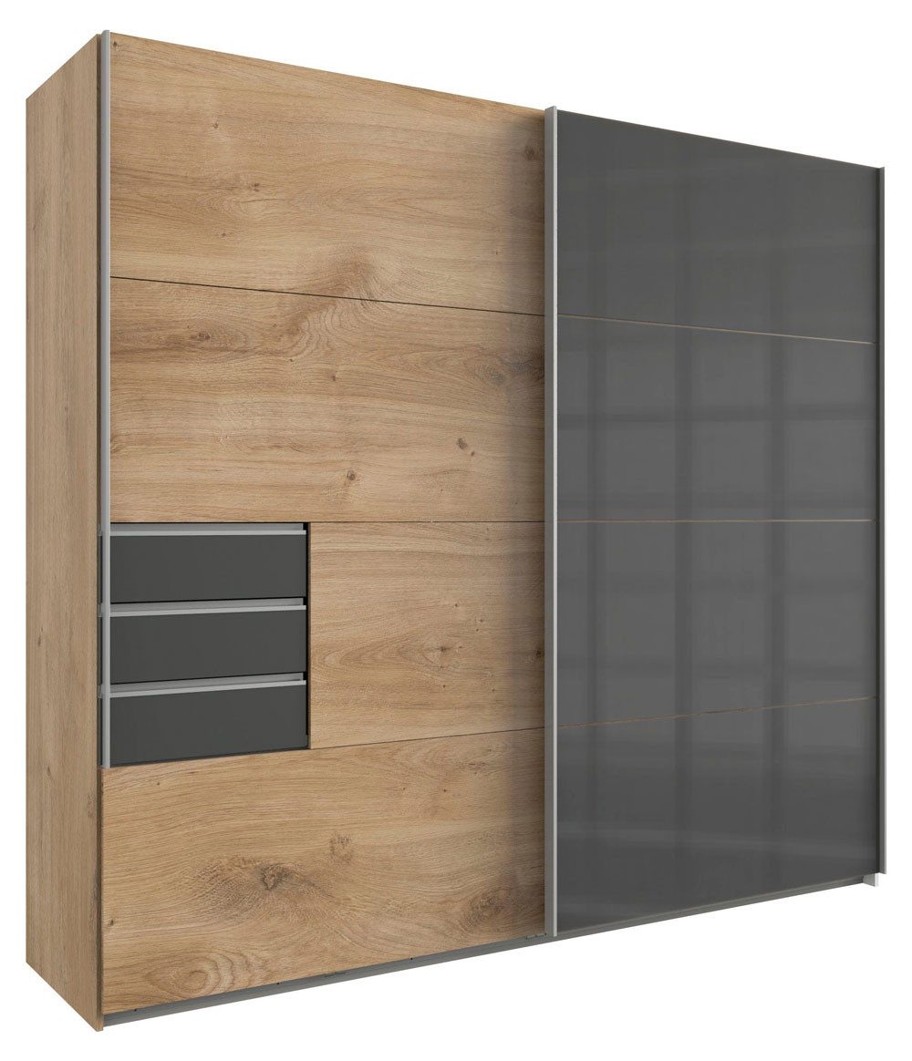 Wimex Schwebetürenschrank Saigon (mit Schwebetüren, Schubladen, Einlegeböden, Kleiderstangen, 1-St., moderne Optik, Glaselemente, Metallgriffleisten) 225cm plankeneiche graphit Grauglas