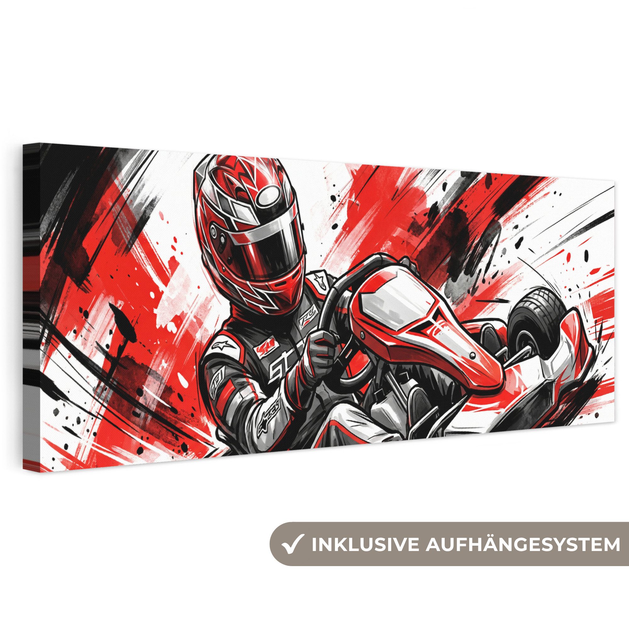 OneMillionCanvasses® Leinwandbild Panorama Kart - Fahrer - Geschwindigkeit - Rot, Fotodruck (1 St), Wandbild XXL für Wohnzimmer Küche 120x40 cm