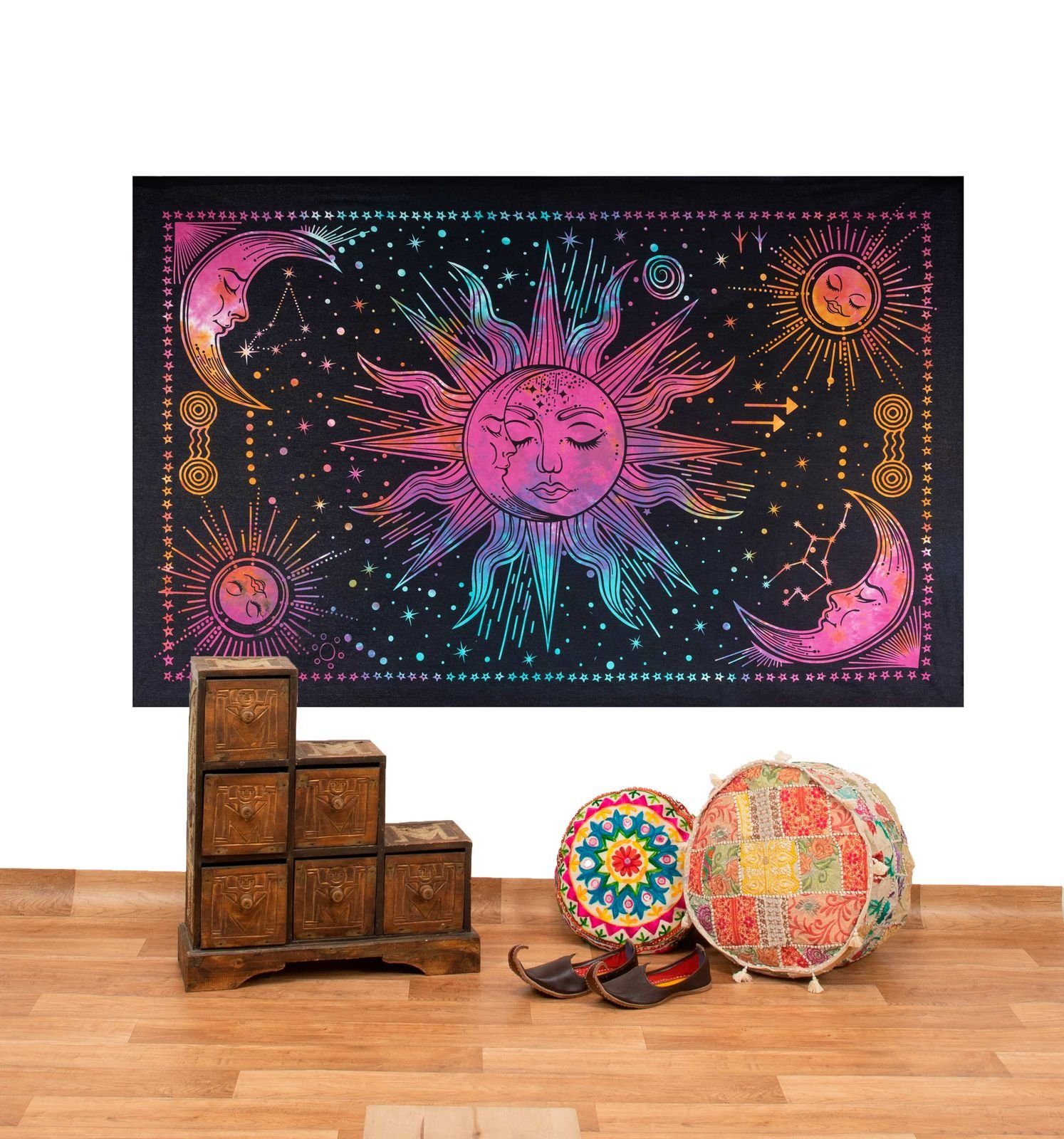 KUNST UND MAGIE Wandteppich Tagesdecke Wandbehang Bunt Sonne Mond und Sterne Hippie ca.200 x 140cm