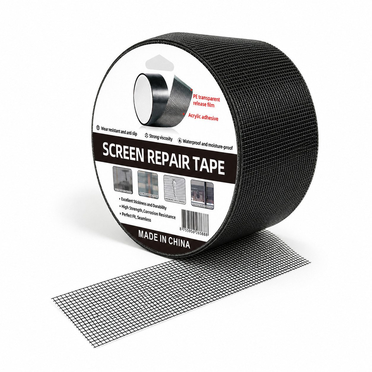 JASLIFE Fliegengitter-Gewebe Reparaturband 5 cm x 2 m selbstklebend für Fenster & Türen, (Einzelartikel, 1 Rolle Reparaturband), selbstklebend, zuschneidbar, wasserfest, feinmaschig, stark haftend