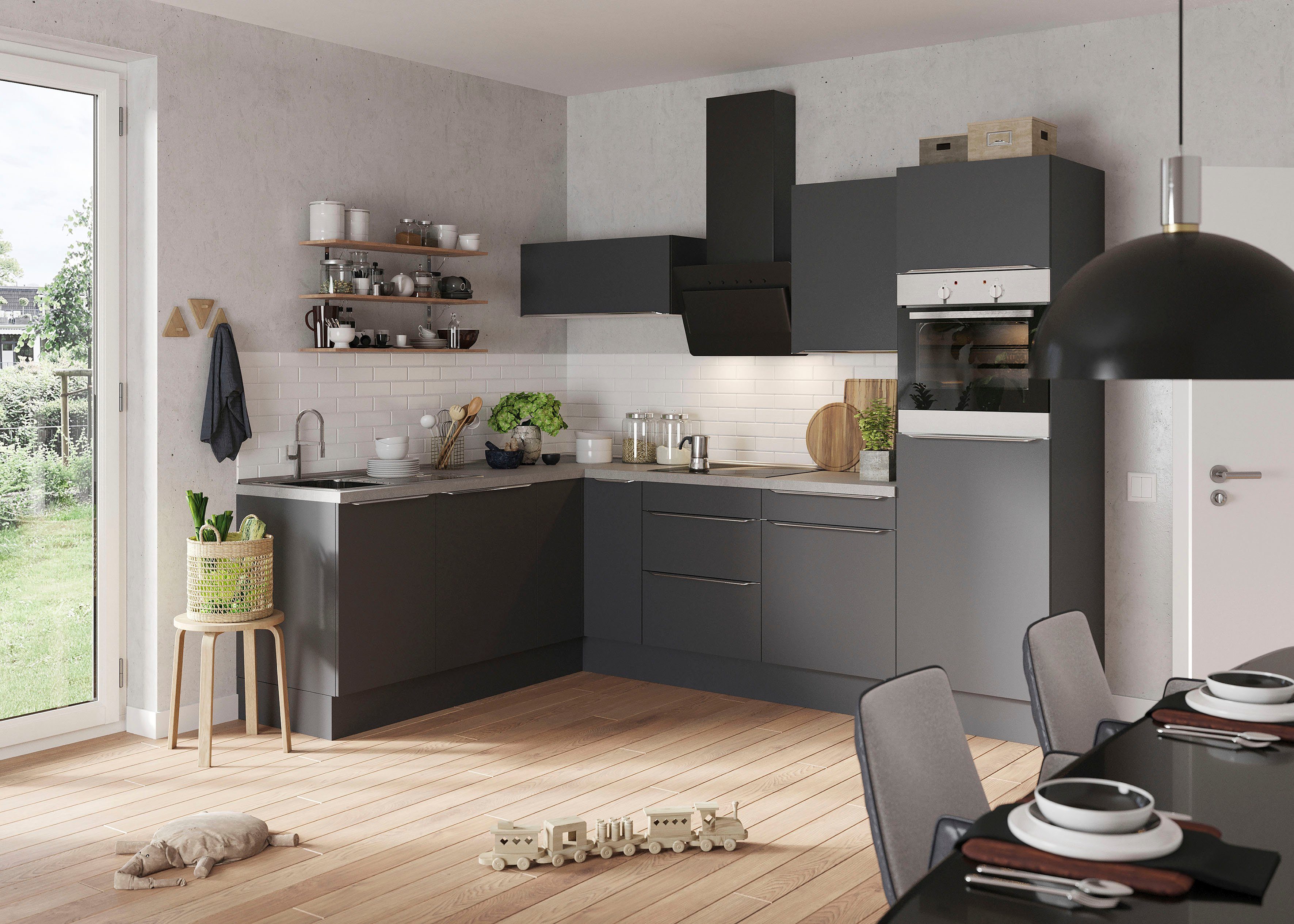 OPTIFIT Winkelküche Aken, mit E-Geräten, Stellbreite 200 x 270 cm, Stabile  Metallauszüge bis 25 kg belastbar | L-Küchen
