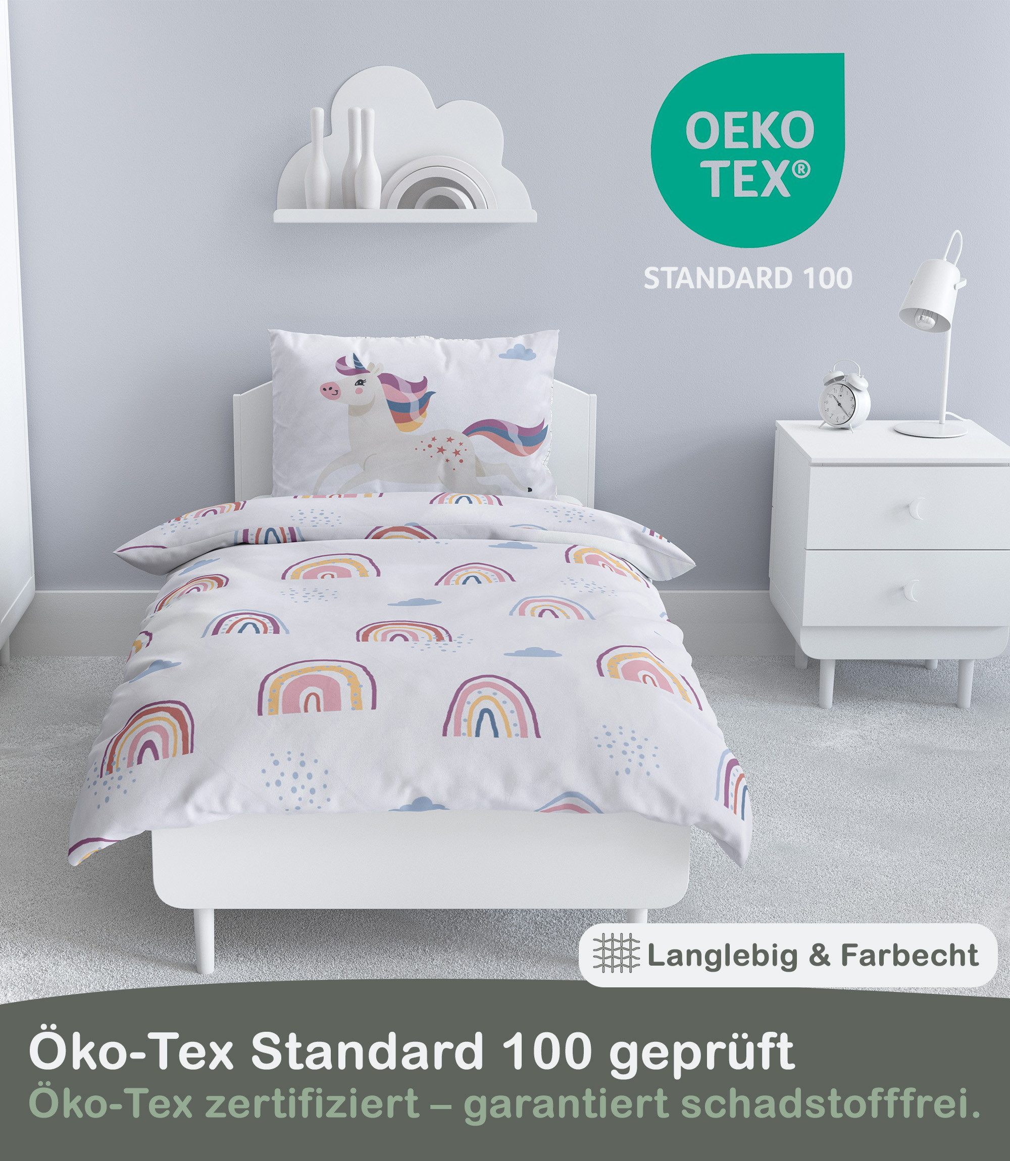 LINKHOFF Kinderbettwäsche Einhorn Bettwäsche 135x200 – 100% Baumwolle Mädchenbettwäsche, Unicorn Kinderbettwäsche 135x200 Regenbogen – Reißverschluss – Bild 5 von 5