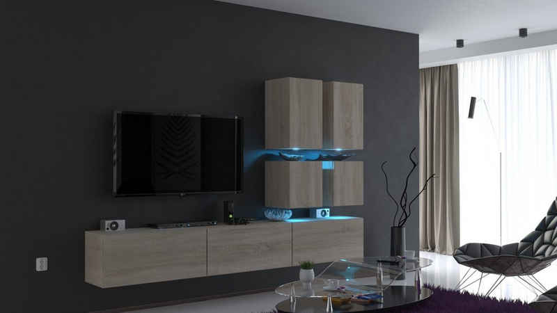 ROYAL24_MARKT Wohnwand - Stilvolle Wohnraumtrends / Hochwertige Gestaltungselemente, (Komplett Set, 7-St., Premium - C76), Top Design - LED Beleuchtung - Neu 2024 '