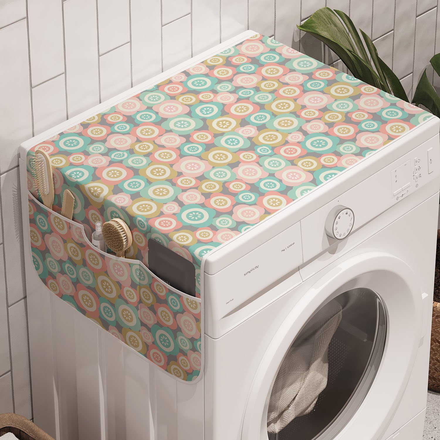 Retro Pastell für Badorganizer Wiese Waschmaschine Mohnblumen Trockner, weiche Anti-Rutsch-Stoffabdeckung und Abakuhaus