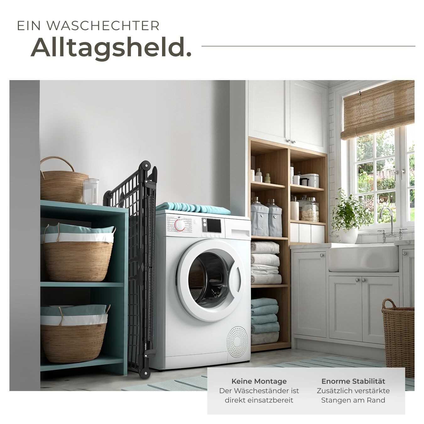 tectake Flügelwäschetrockner Klappbarer Wäscheständer mit bodenschonenden Füßen am Gestell, Insgesamt 18 m Trockenlänge, 2 Kleinteilehalter, hohe Seitenflügel – Bild 4 von 5