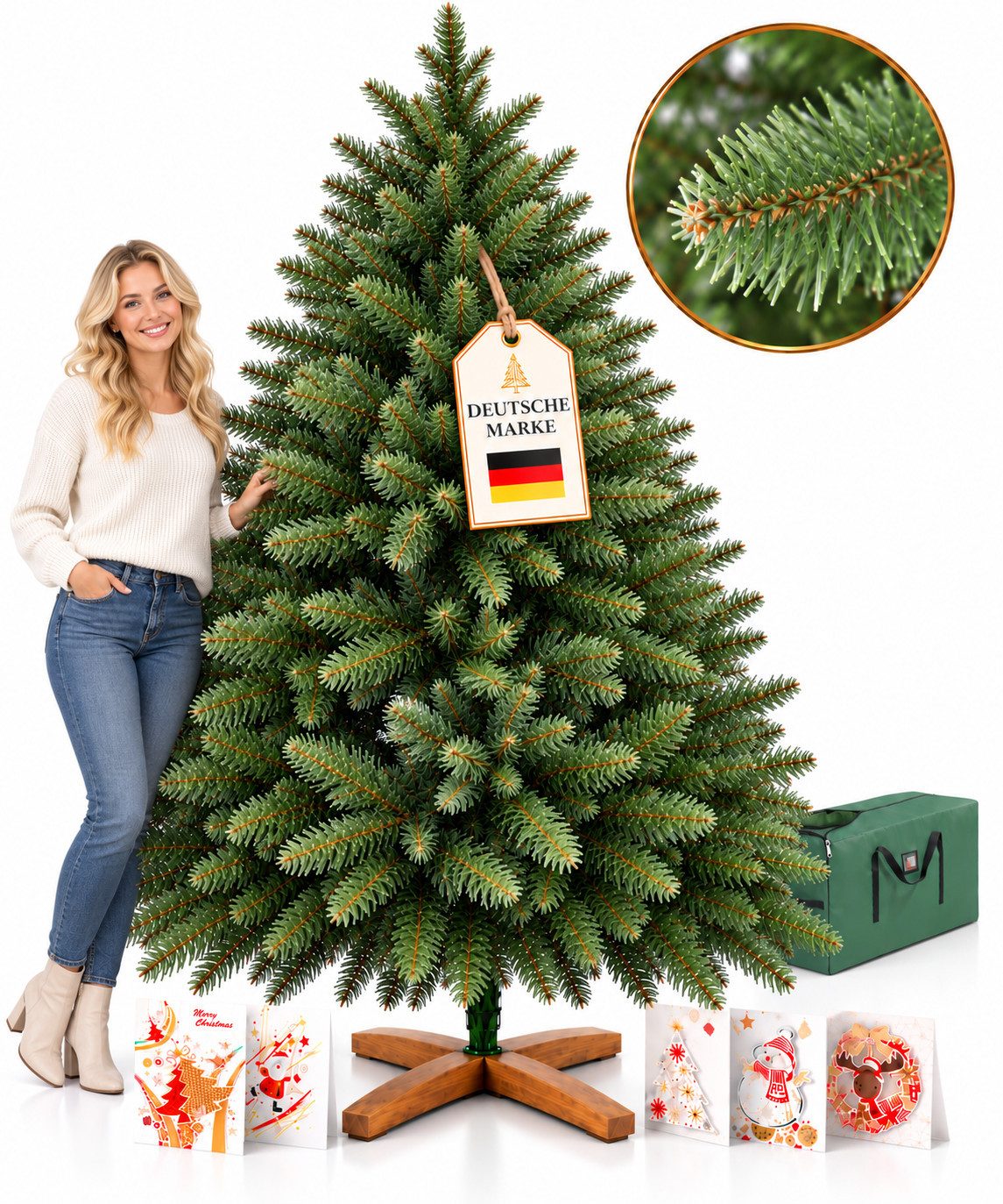 Onbest Künstlicher Weihnachtsbaum Premium wie echt 180cm, 220cm, mit Holzständer, Naturgetreu und Dicht, Nordmann-Tannenbaum, schwer entflammbar