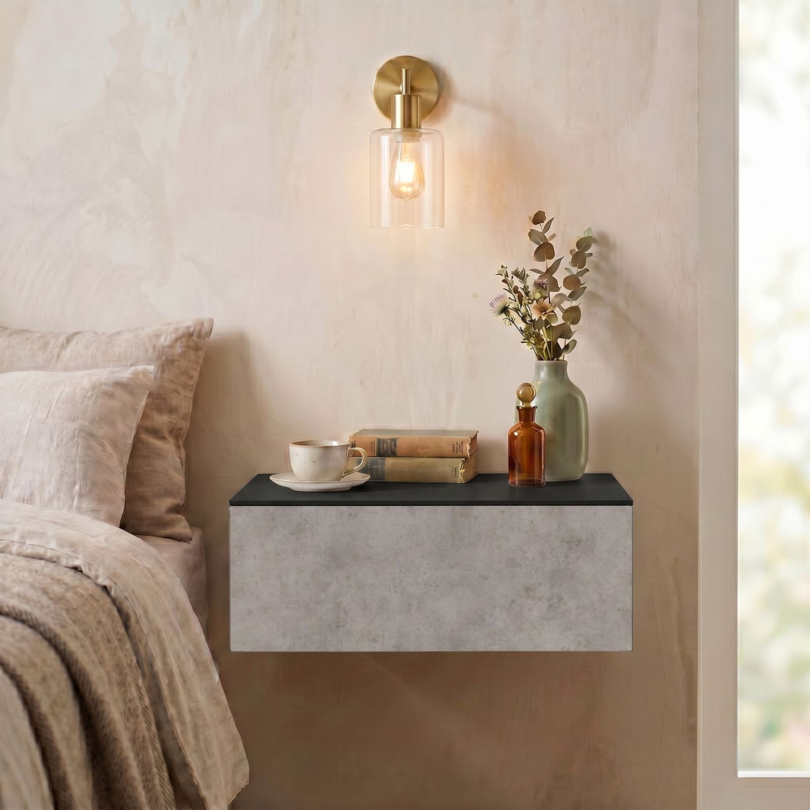 CARO-Möbel Nachtkommode ANNE, Hängender Nachttisch mit Schublade schwebendes Wandregal beton/schwarz