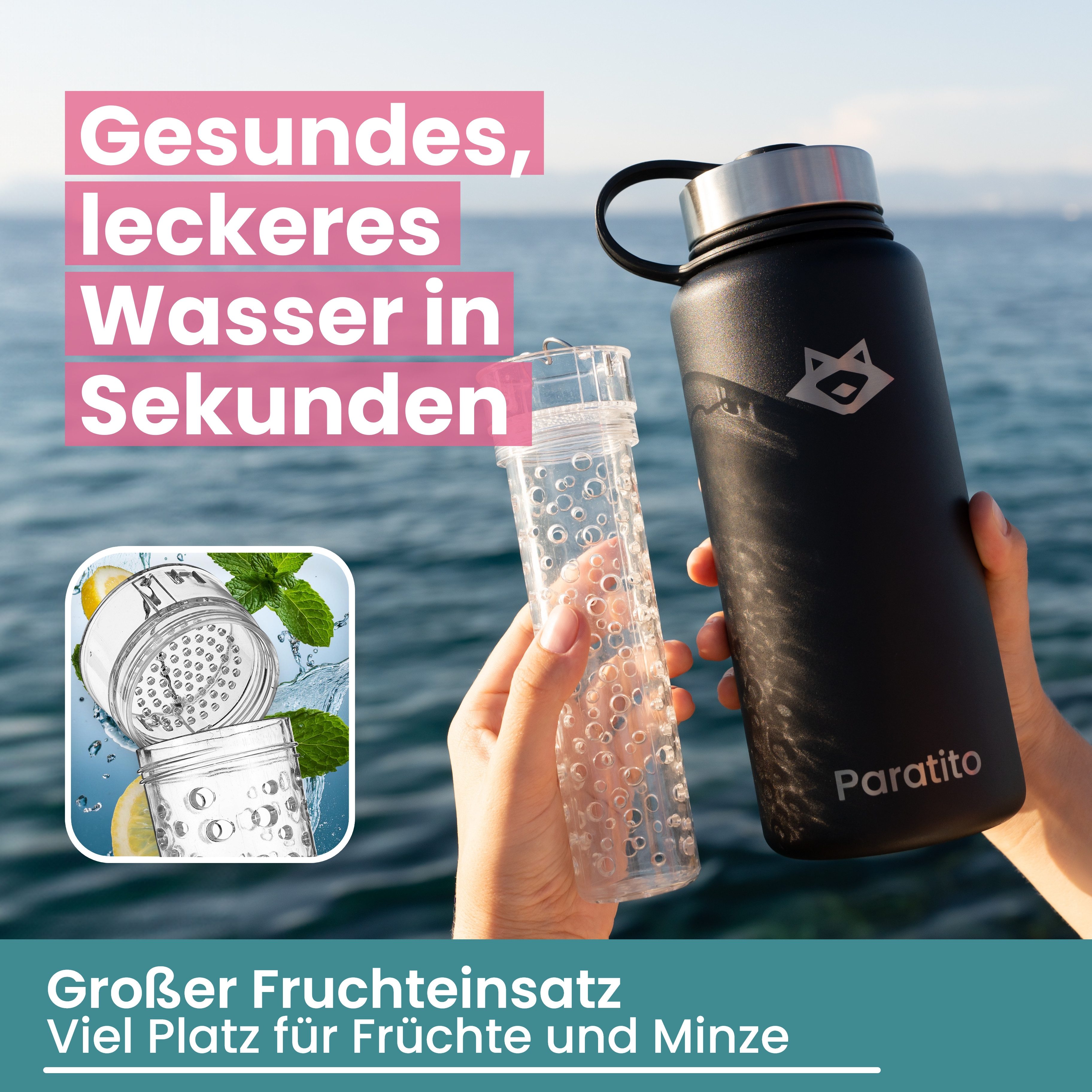 Paratito Isolierflasche Paratito® Frucht Bundle, Isolierflasche + Fruchteinsatz, Isolierflasche mit Fruchtfilter; Wasser aromatisieren; Trinkflasche