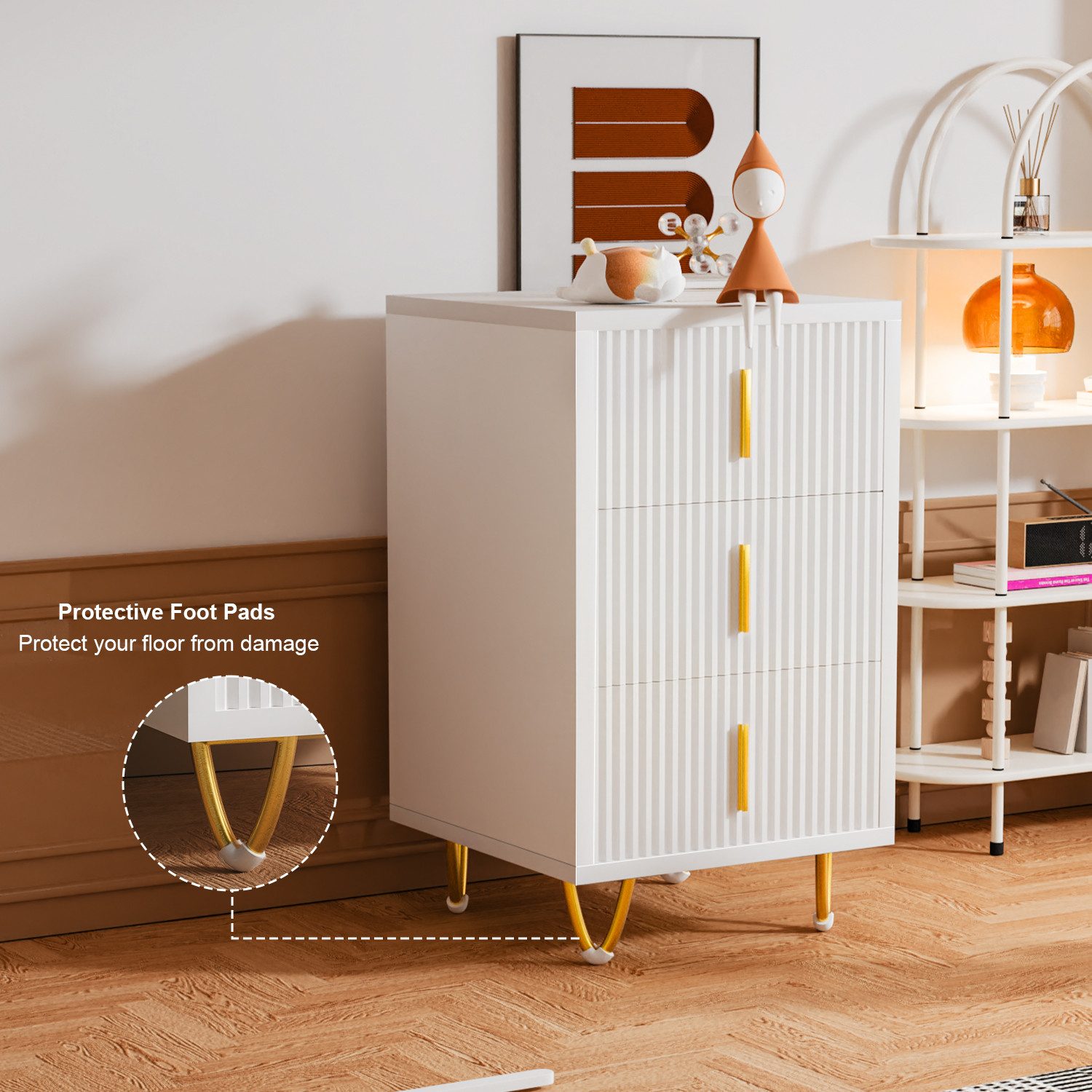 oyajia Nachttisch Nachtschrank mit 3 Schubladen, Beistelltisch, Nachtkommode (Metallfüße, Weiß, 40 x 49 x 40 cm / 40 x 66 x 40 cm), für Kinderzimmer/Schlafzimme – Bild 4 von 5