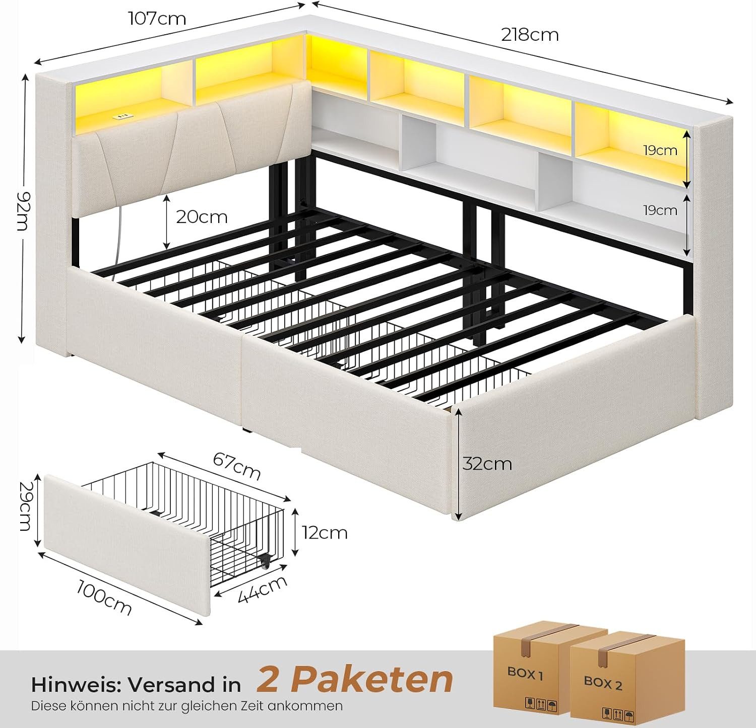 MSMASK Polsterbett mit LED-Beleuchtung & Ladestation, 9 Staufächern & 2 Schubladen, Grau (1-tlg), LED-Beleuchtung, USB-Ladestation, gepolstertes Kopfteil
