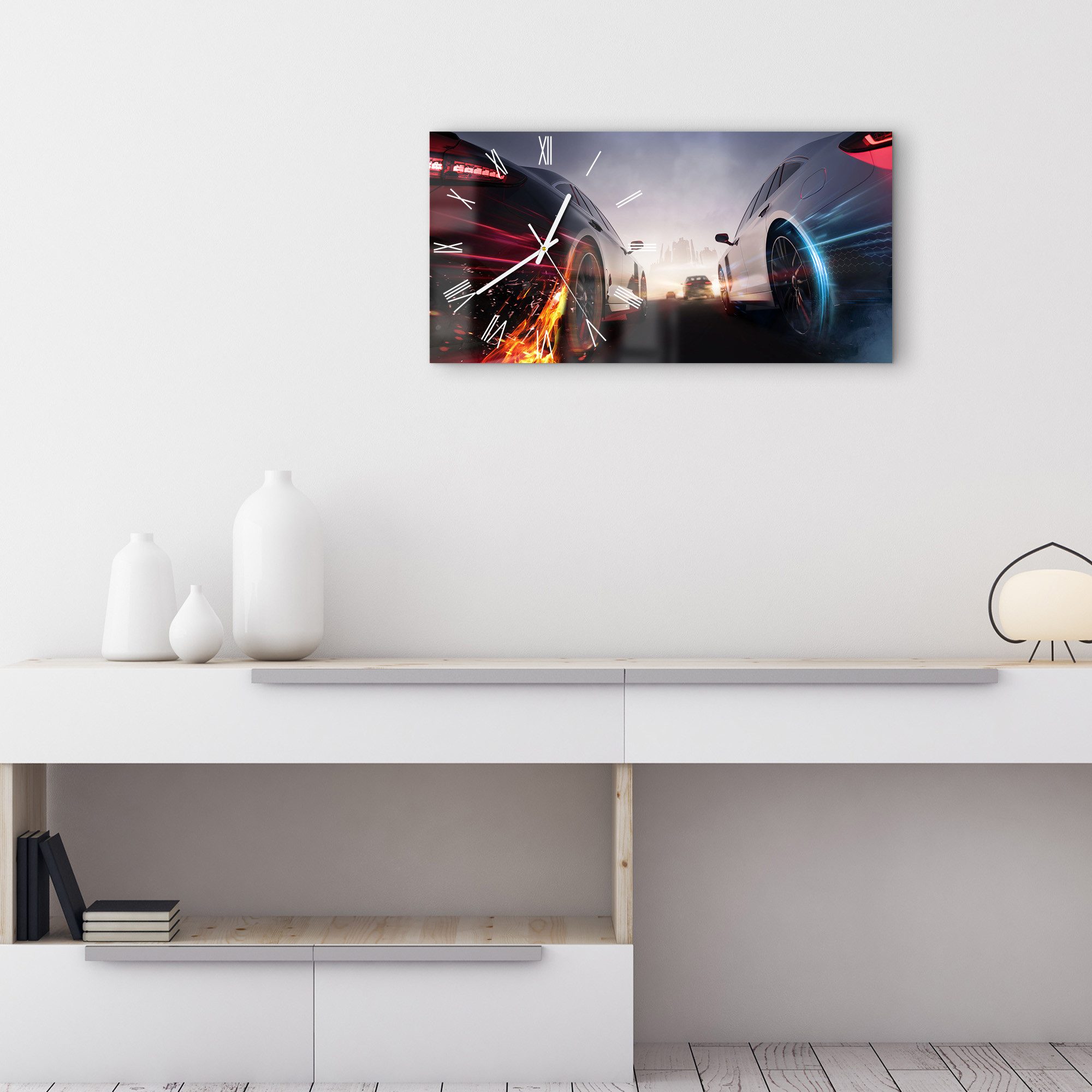 DEQORI Wanduhr 'Rennen im Neonlicht' (Glas Glasuhr modern Wand Uhr Design Küchenuhr)