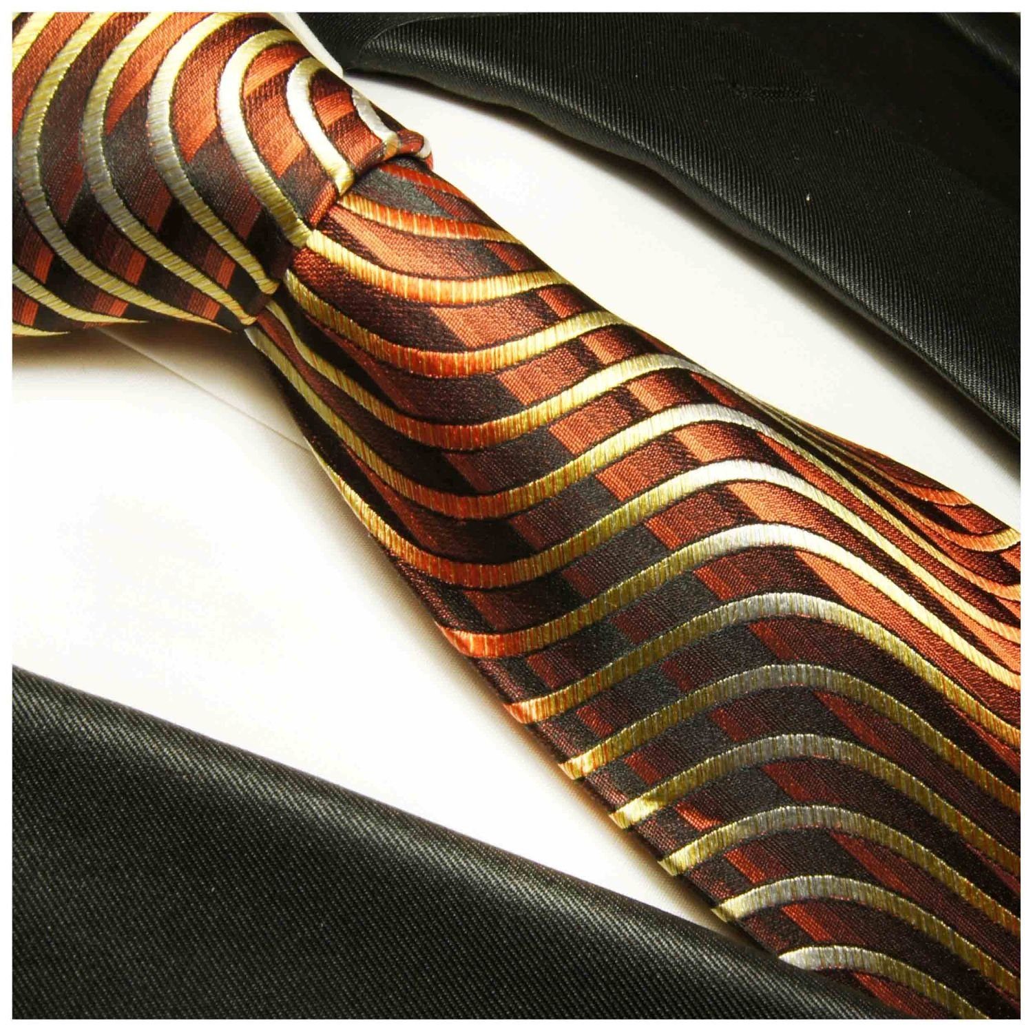 Seide Schmal 751 Herren Malone Paul Krawatte (6cm), Streifen 100% modern Schlips Wellen gelb Seidenkrawatte braun