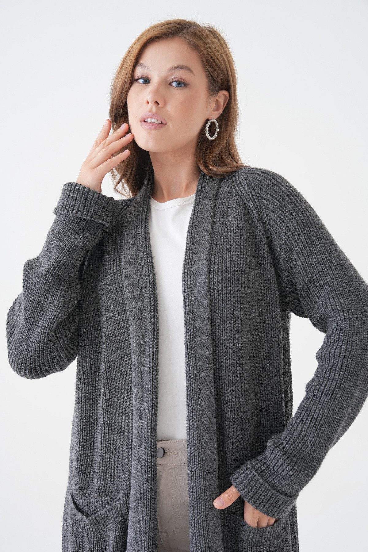 WOMAN VISION Blusenjacke Langer Cardigan mit Schalkragen und doppelten Taschen