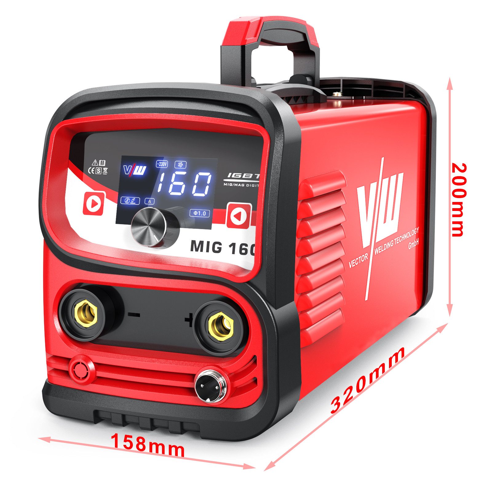 VECTOR WELDING Schutzgasschweißgerät MIG 160 Kombi-Schweißgerät – 30-160A mit 3-Knopf-Bedienung und Display
