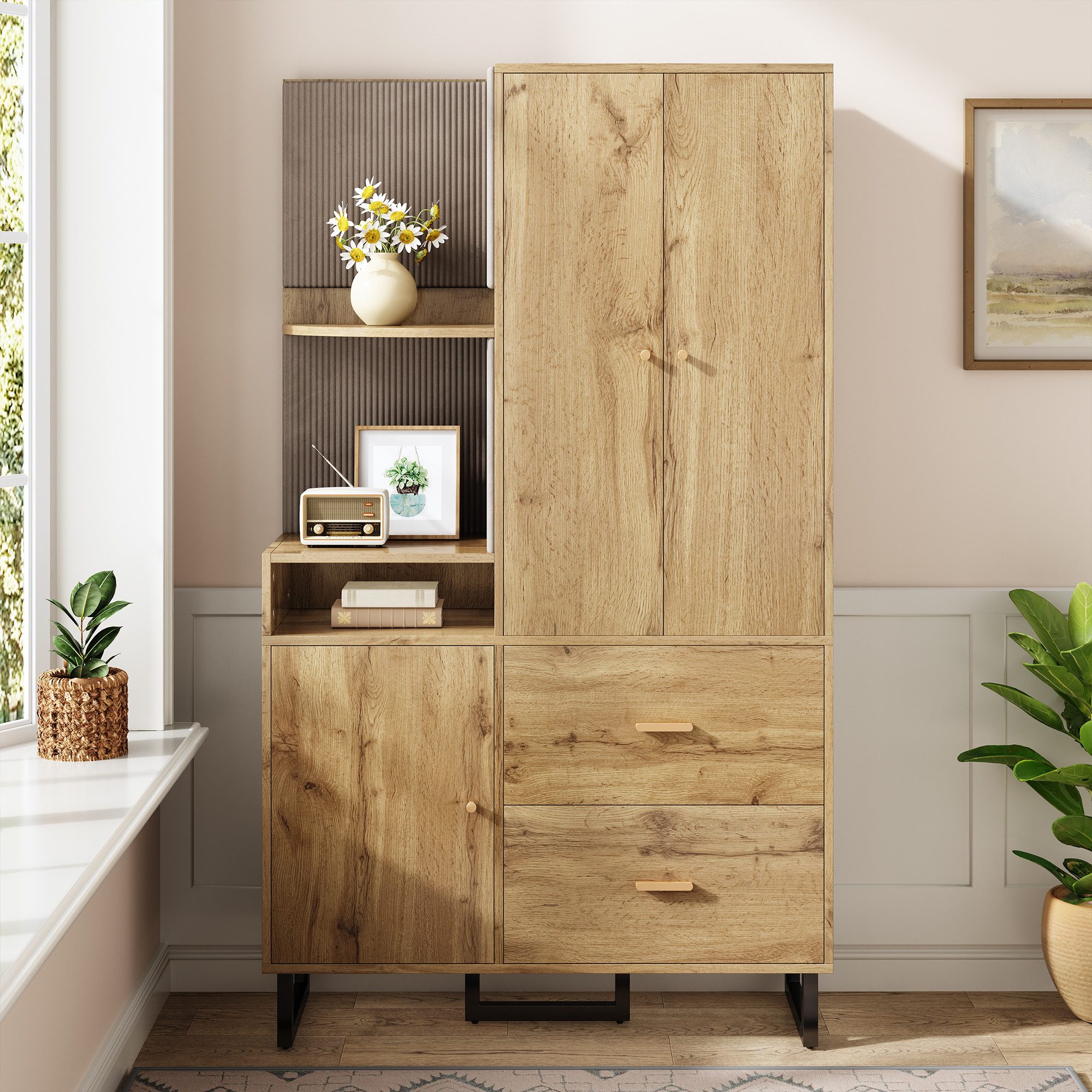 Merax Kompaktgarderobe mit Polsterpaneelen (Garderoben-Set Flurgarderoben Set Scandi, 1-St., 110x38x186 cm) Dielenschrank mit Schuhschrank, Regalfächern & Soft-Close-Türen