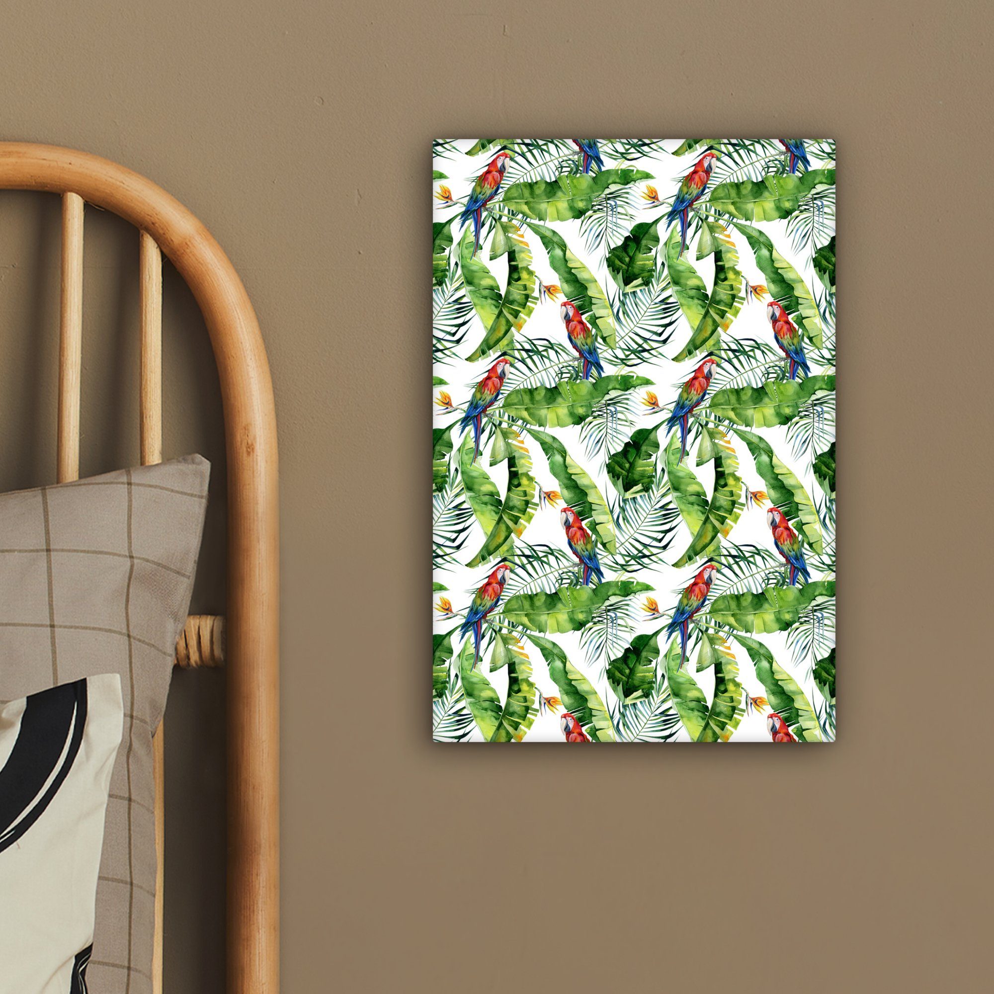 - cm 20x30 Gemälde, inkl. Blätter, bespannt - Zackenaufhänger, Papagei (1 Leinwandbild St), OneMillionCanvasses® Leinwandbild Paradiesvogelpflanze fertig