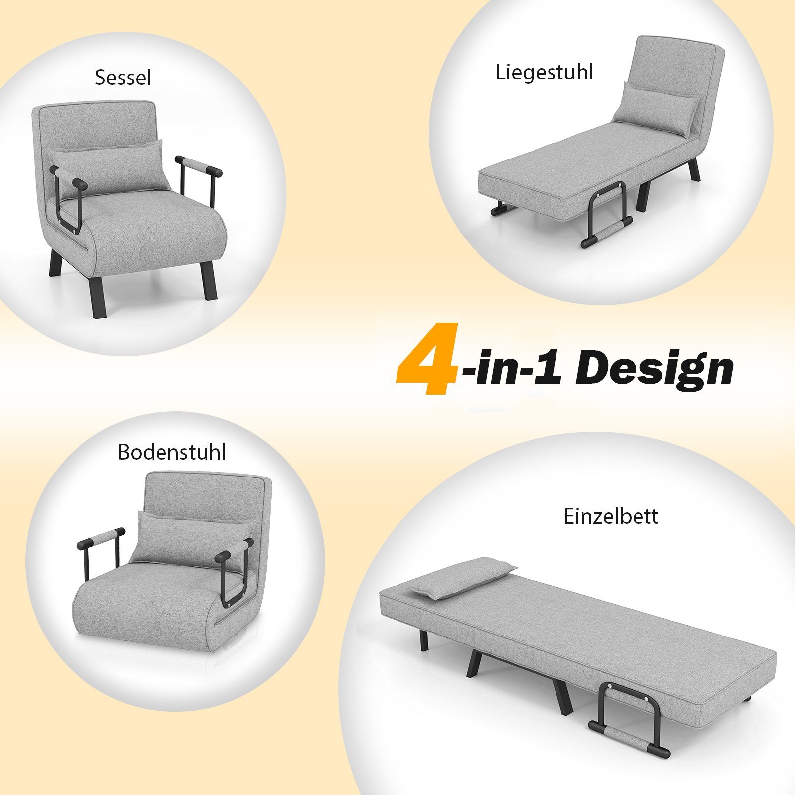 COSTWAY Schlafsofa, 4 in 150 mit 1, verstellbarer Hellgrau klappbar, kg Rückenlehne