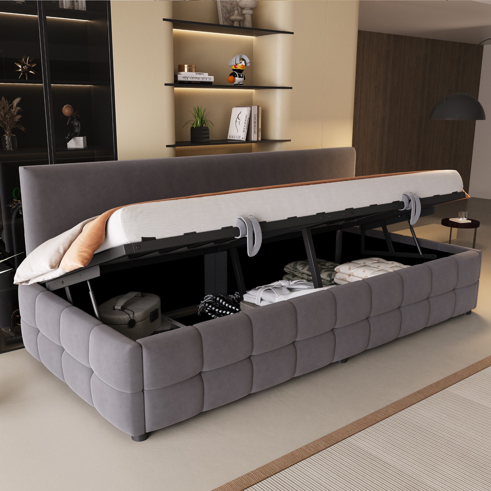REDOM Schlafsofa mit hydraulischem Stauraum, Rückenlehne ohne Armlehnen, klassisches Karomuste, Polsterbett Funktionsbett 90x200cm, ohne Matratze