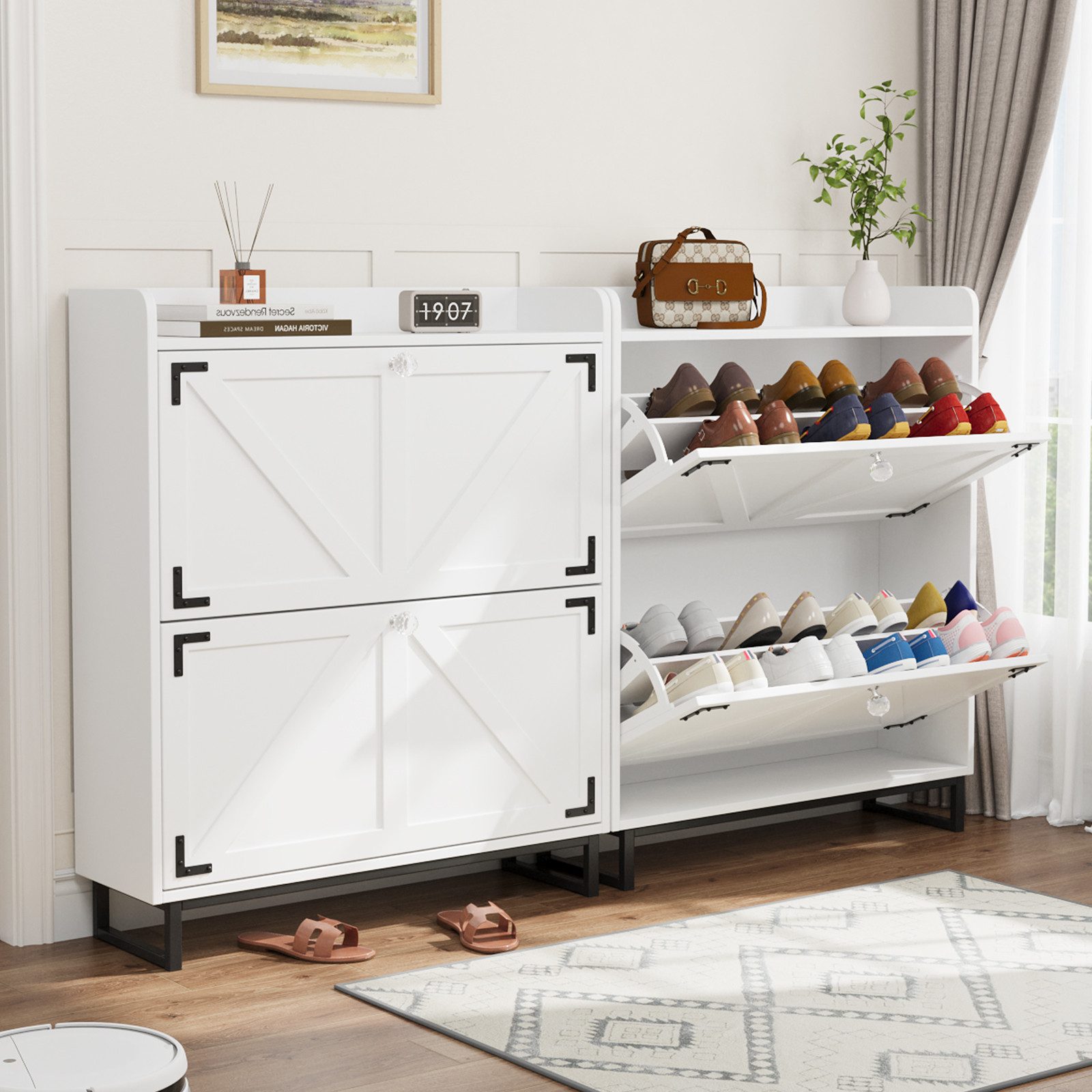 VOWNER Schuhschrank mit 2 Klappen, Freistehendem Schuhregal, 80×24×95 cm (1-St) Schuhregal mit 4 Fächern, verstellbar und abnehmbar