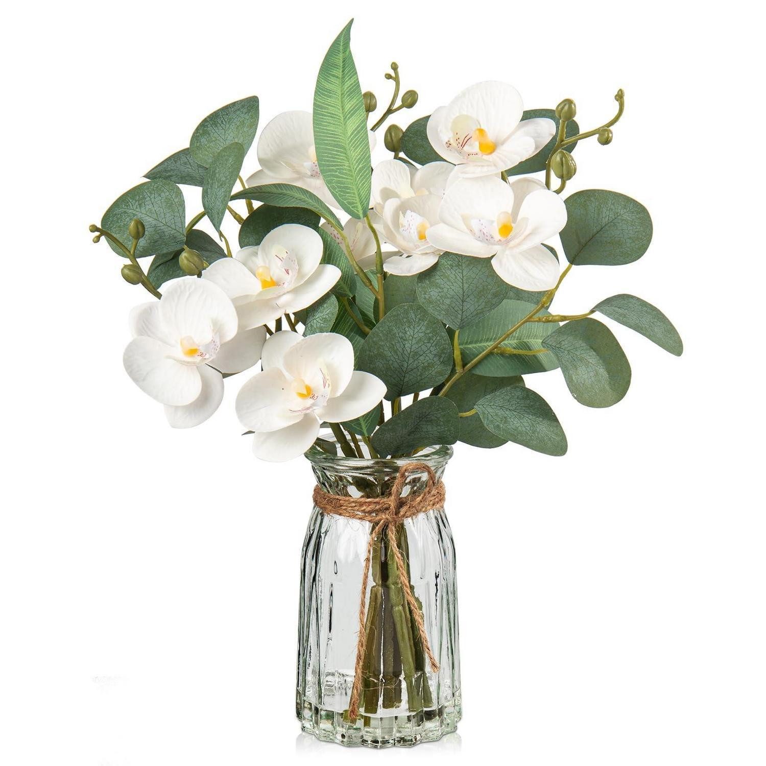 Kunstorchidee Künstliche Orchidee mit Eukalyptus in Glasvase, LuxusKollektion, Höhe 13 cm