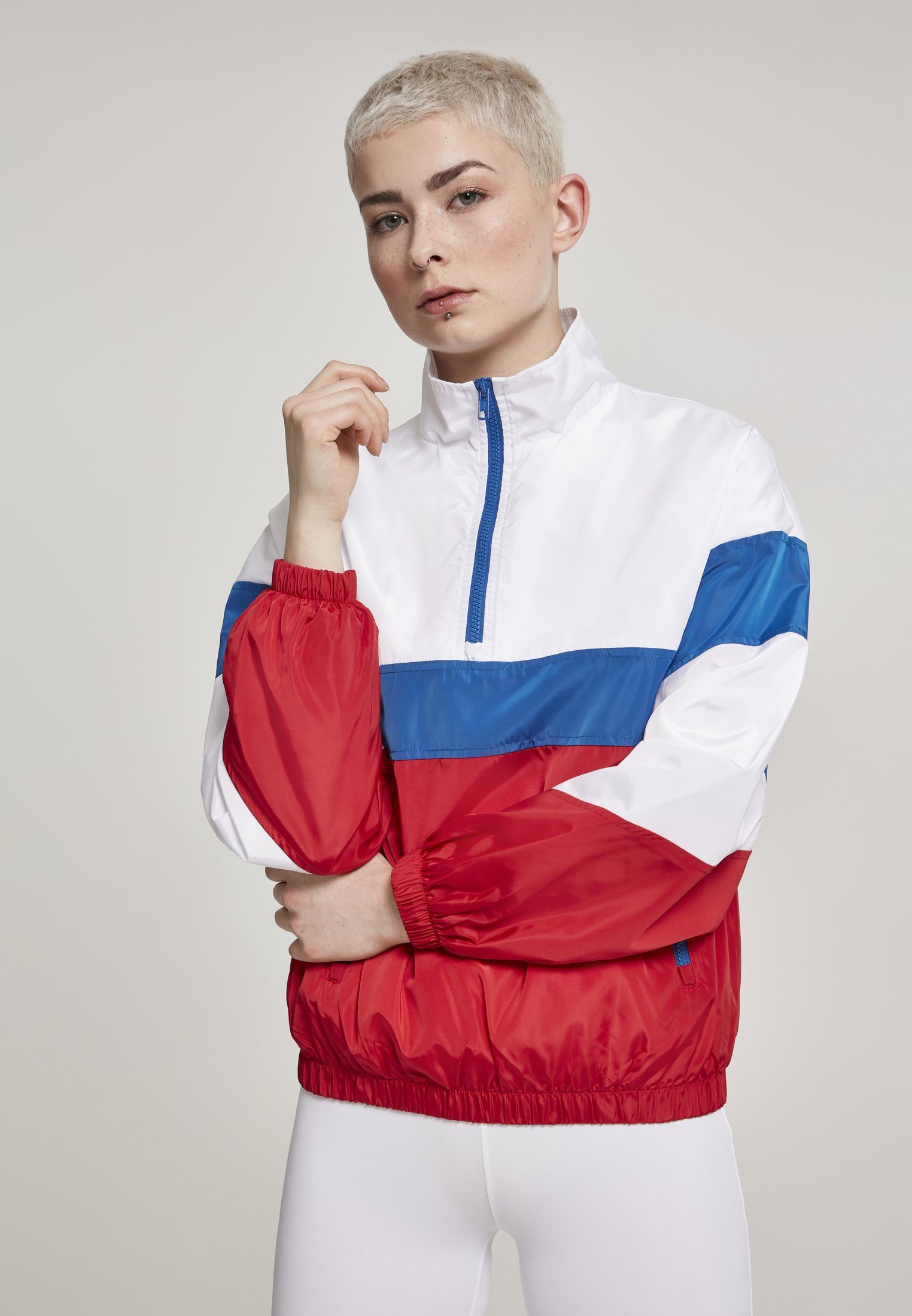 white/firered/brightblue Collar Ladies Jacket (1-St) Pull Outdoorjacke Stand URBAN CLASSICS 3-Tone Over Damen Up