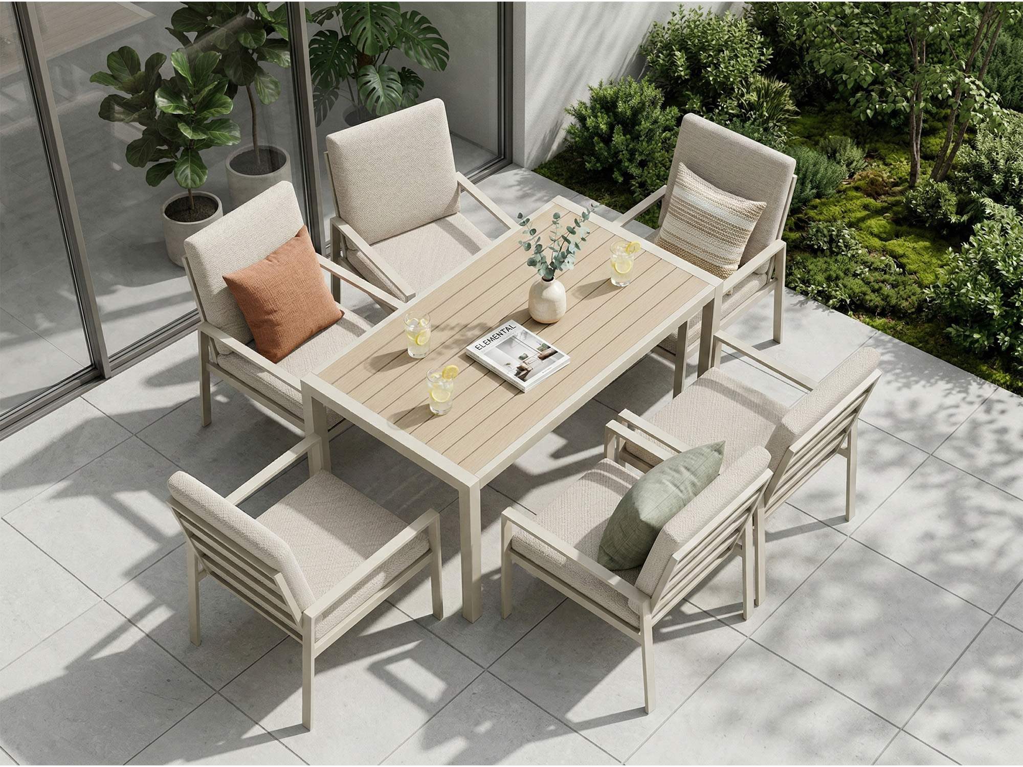 MeXo Gartenlounge-Set Lounge Gartenmöbelset Aluminium Wetterfest, (Garten Essgruppe für 6 Personen, 7-tlg., 6 Sessel, Esstisch 140x80x70 cm), 85 cm Rückenlehne, hoher Sitzkomfort