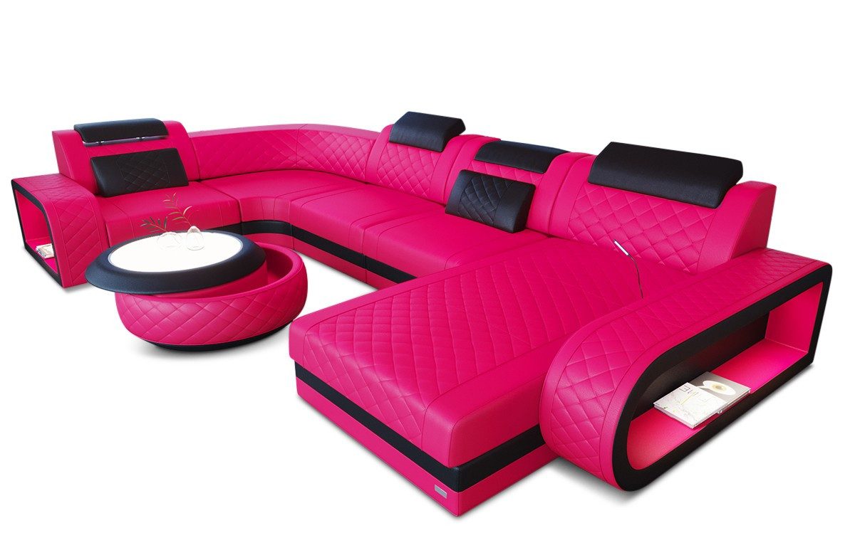 Sofa Dreams Wohnlandschaft Berlin U Form Mini Leder, Designersof, 6-Sitzer, LED-Beleuchtung, Couch, Kopfstützen, USB-Anschluss, Ottomane