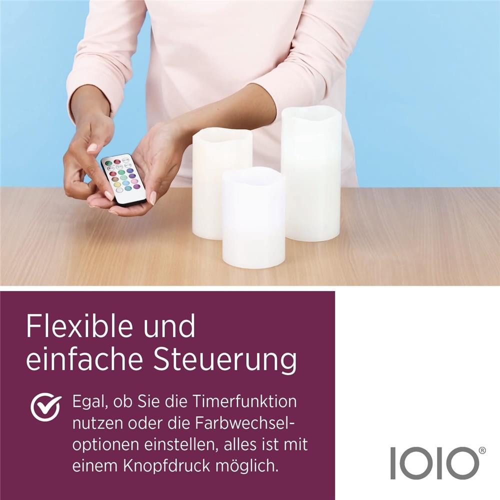 IOIO LED-Kerze 3er LED Echtwachs Kerzen Set Fernbedienung RGB Farbwechsel Timer, Wachskerze Rußfrei flackernde Flamme Batterie Stumpenkerzen – Bild 5 von 5