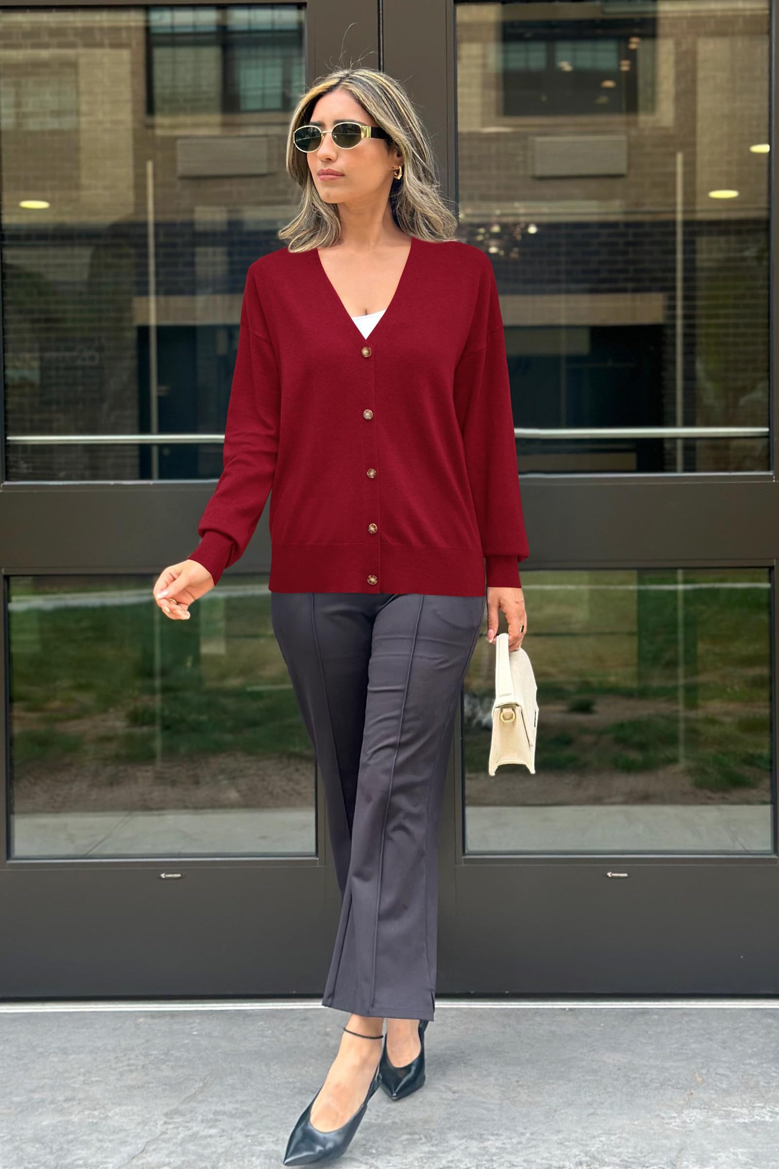 Arach&Cloz Strickjacke Damen Cardigan Strickmantel V-Ausschnitt Langarm mit Knöpfen für Frühling Herbst – Bild 5 von 5