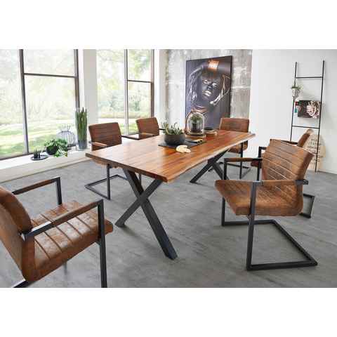 SAM® Essgruppe Baku, massives Akazienholz, cognacfarben, natürliche Baumkante & 6x Stühle