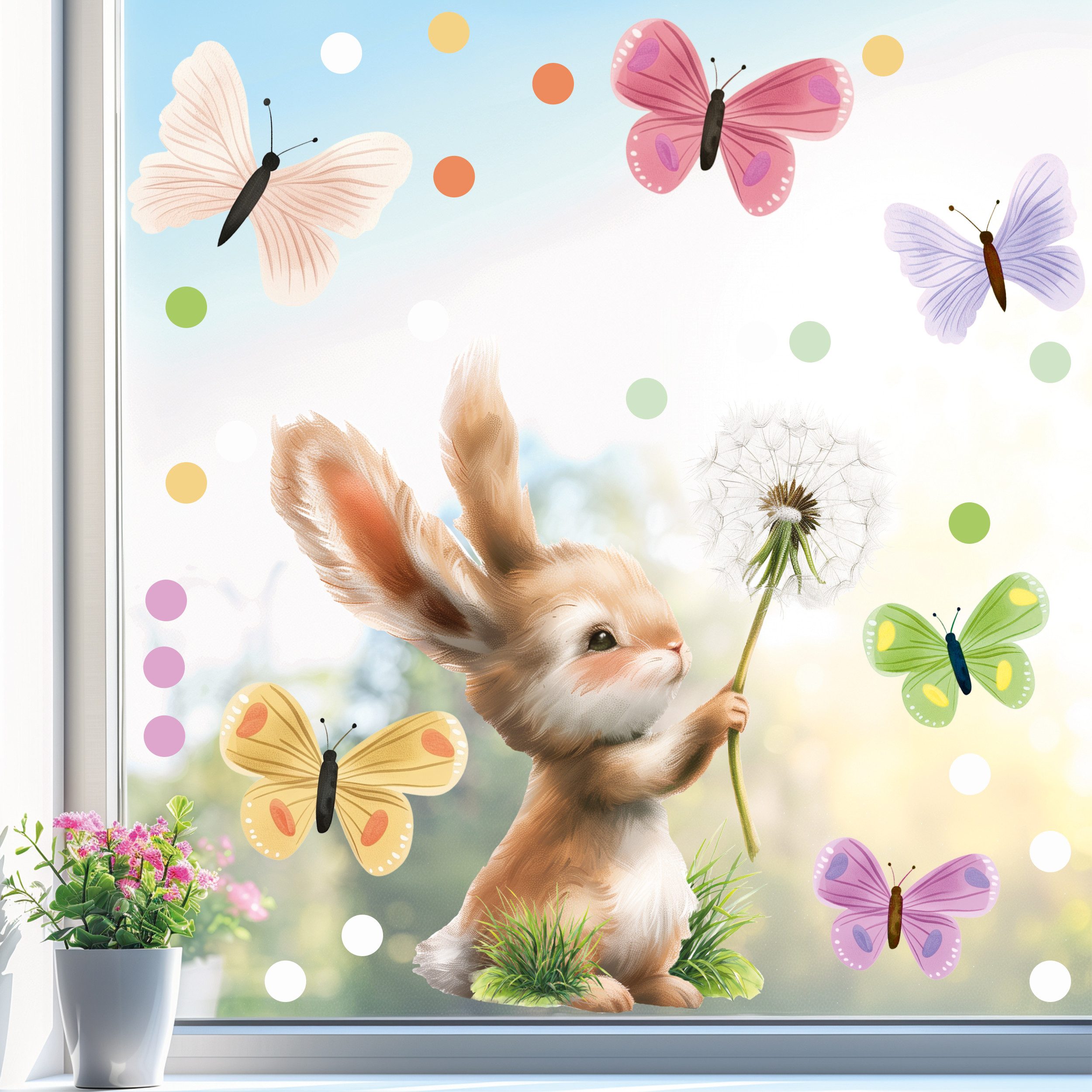 Sunnywall Fensterdekoration wiederverwendbare Окна картинки Hase Pusteblume Schmetterlinge, wiederverwendbar, statisch haftend, beidseitiger Druck, nachhaltig