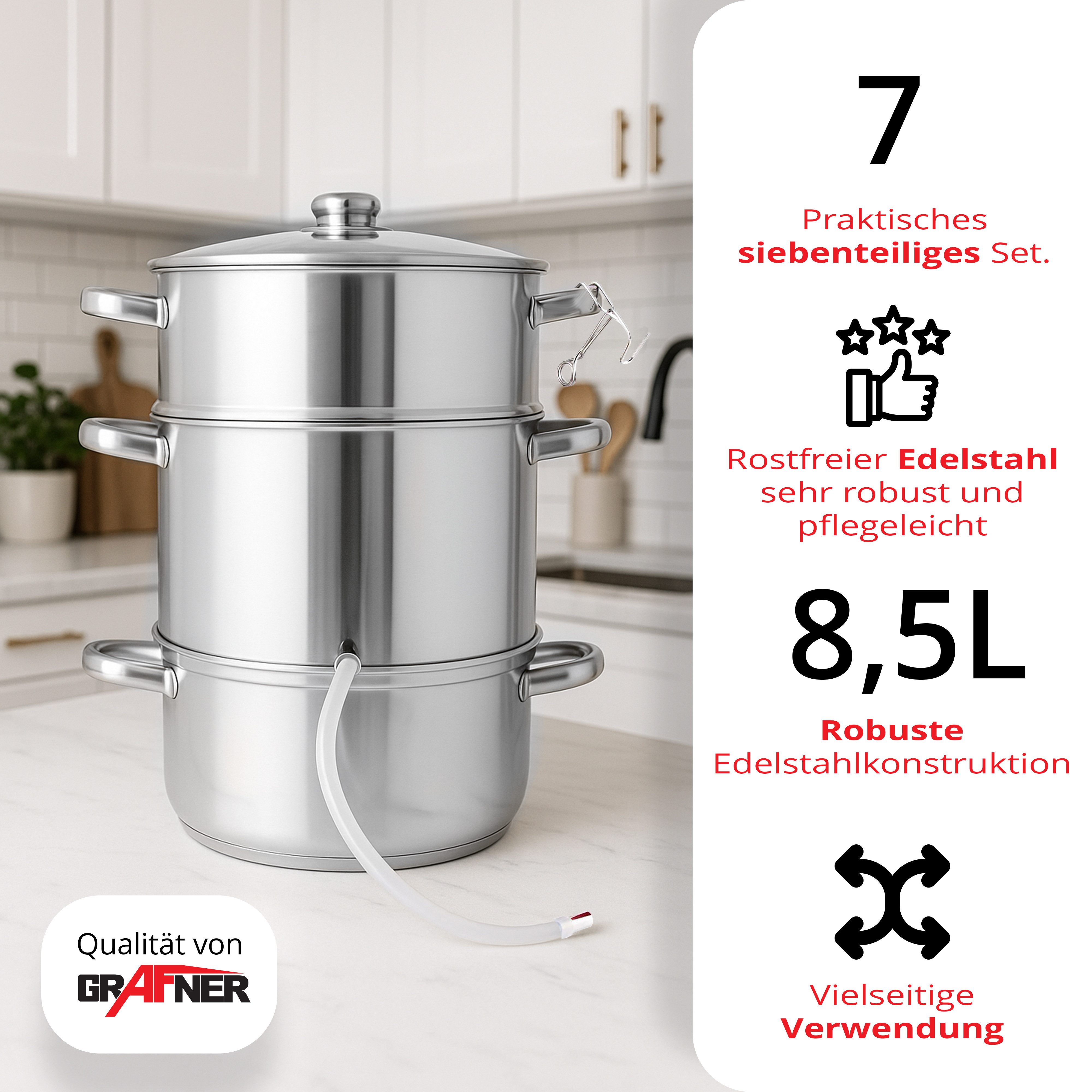 Grafner Entsafter Dampfentsafter 8L Edelstahl Schlauch + Klemme Fruchtentsafter, Töpfe aus Edelstahl, Induktiongeeignet, Glasdeckel mit Knauf