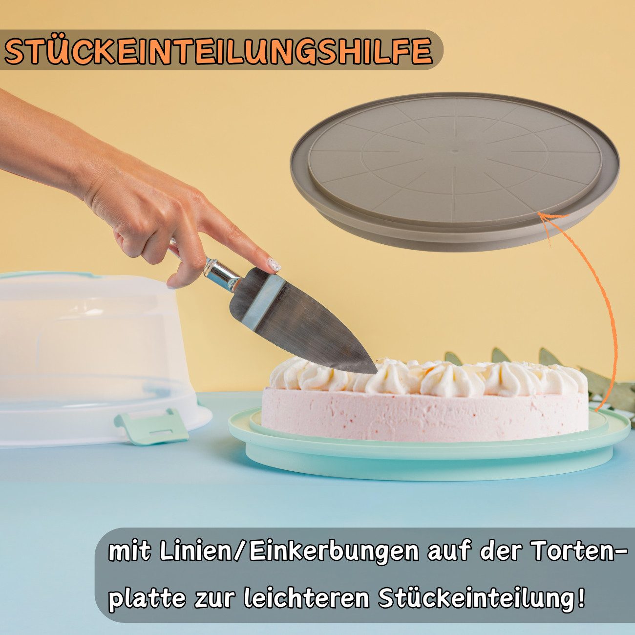Engelland Kuchentransportbox mit Griff, Deckel und 4-fach Klick-Verschluss, rund, Kunststoff, (36,50 cm x H 17,50 cm, BPA-frei), spülmaschinengeeignet, lebensmittelecht, Stückeinteilungshilfe