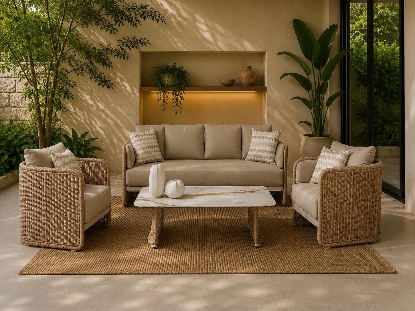 Xlmoebel Garten-Essgruppe Gartenmöbel Set Sofa Sessel Couchtisch Beige Grau Modern Terrasse, (Sofa-Set, 3-tlg., 3-tlg)