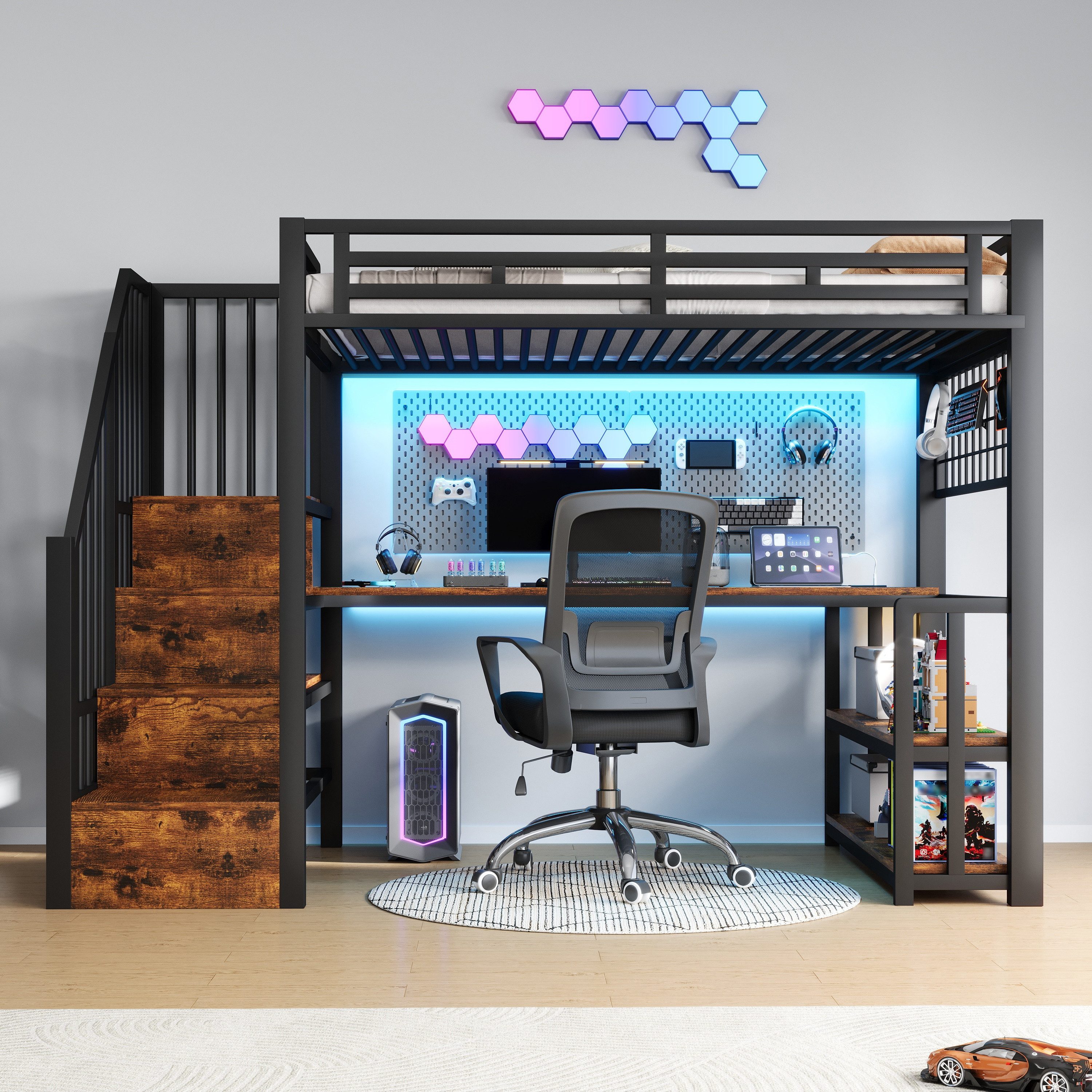 OKWISH Hochbett Jugendbett Funktionsbett (mit LED-Beleuchtung, Schreibtisch, Lagerregal und Stauraum, Hängendes Gitter, mit 2 USB-Anschlüssen, Typ-C-Buchse, 90x200 cm) Inklusive Matratze