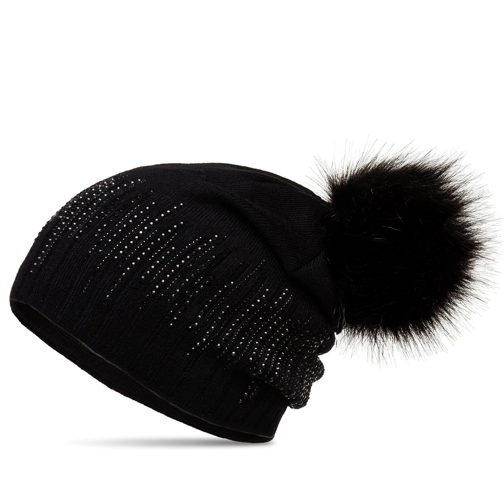 Caspar Beanie MU206 Gefütterte Damen Feinstrick Long Beanie Mütze mit Glitzer Strass und Kunstfell Bommel