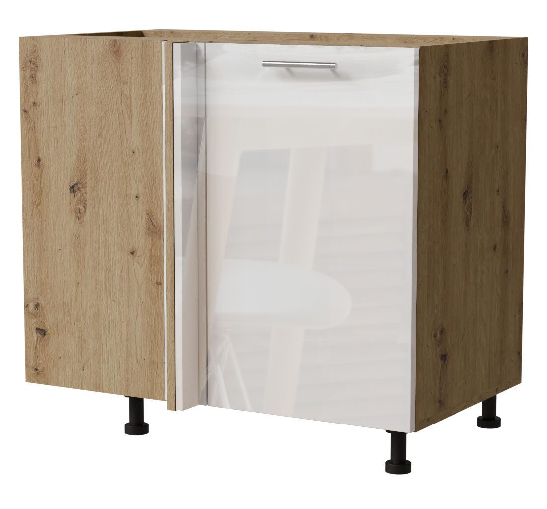 Feldmann-Wohnen Eckschrank Essen (D13U/90, 1-türig, 1 Einlegeboden, 1-St., moderne Optik, lackierte Fronten) 90x50x82cm Eiche Artisan - weiß Hochglanz (ES-D13U)