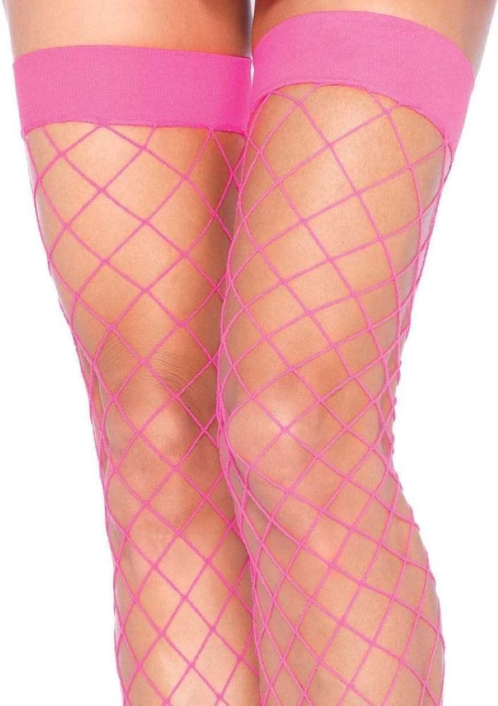 Leg Avenue Halterlose Strümpfe Halterlose Netzstrümpfe grobmaschig pink transparent