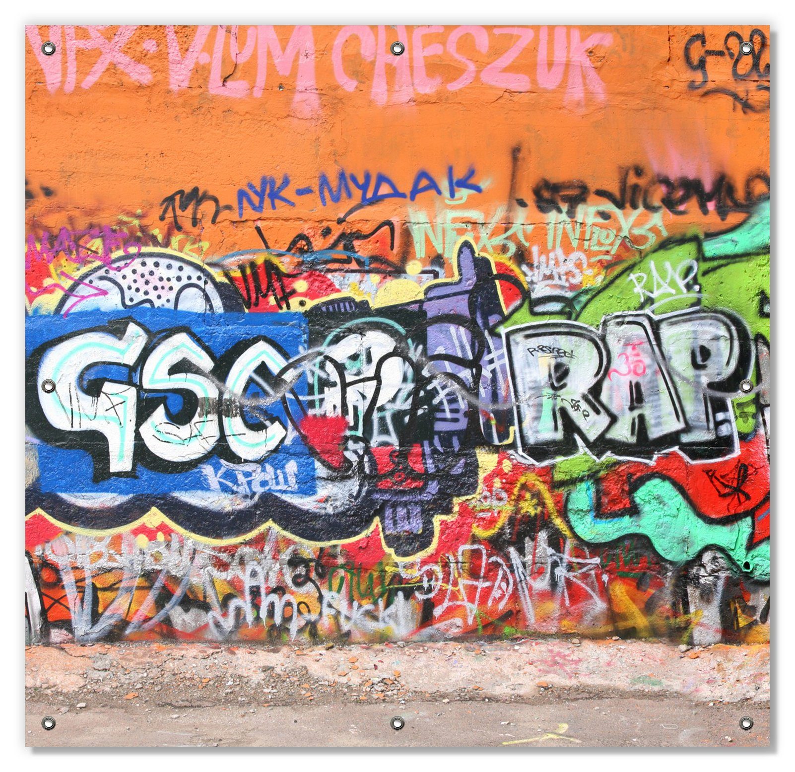 Sonnenschutz RAP-Graffiti- Wand mit verschiedenen Tags, Wallario, blickdicht, mit Saugnäpfen, wiederablösbar und wiederverwendbar