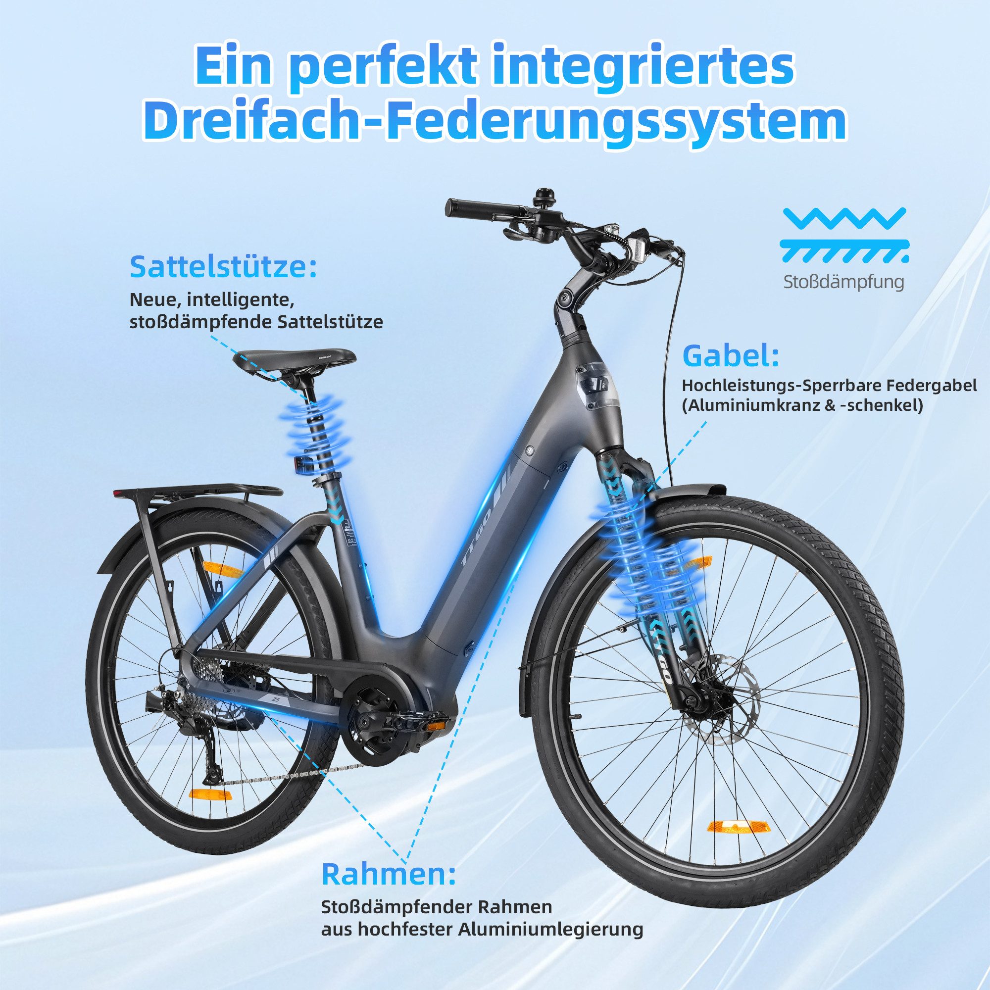 TTGO E-Bike Cityrad 28 Zoll, SUV, 75Nm Mittelmotor, 130km, Z5, für Damen und Herren, 9 Gang SHIMANO, Kettenschaltung, Mittelmotor, 648 Wh, 5 Stufen, Drehmomentsensor, Federsattelstütze, Elektrofahrrad, Pedelec