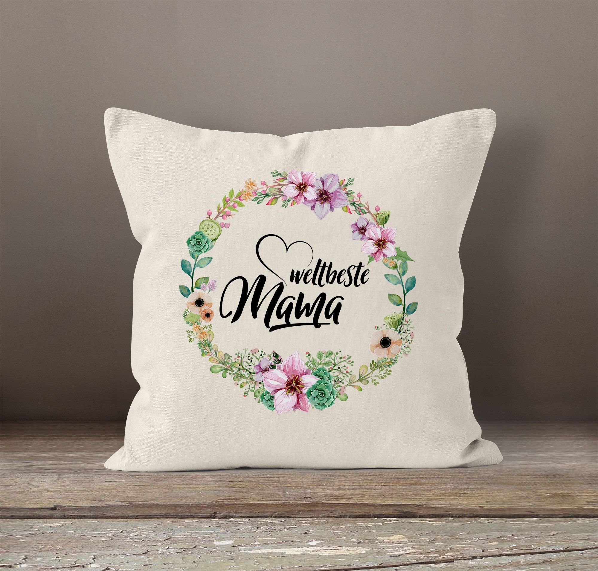 MoonWorks Dekokissen Kissenbezug Weltbeste Mama 40x40 Baumwolle MoonWorks® Muttertag Mutter für Blumen natur Geschenk