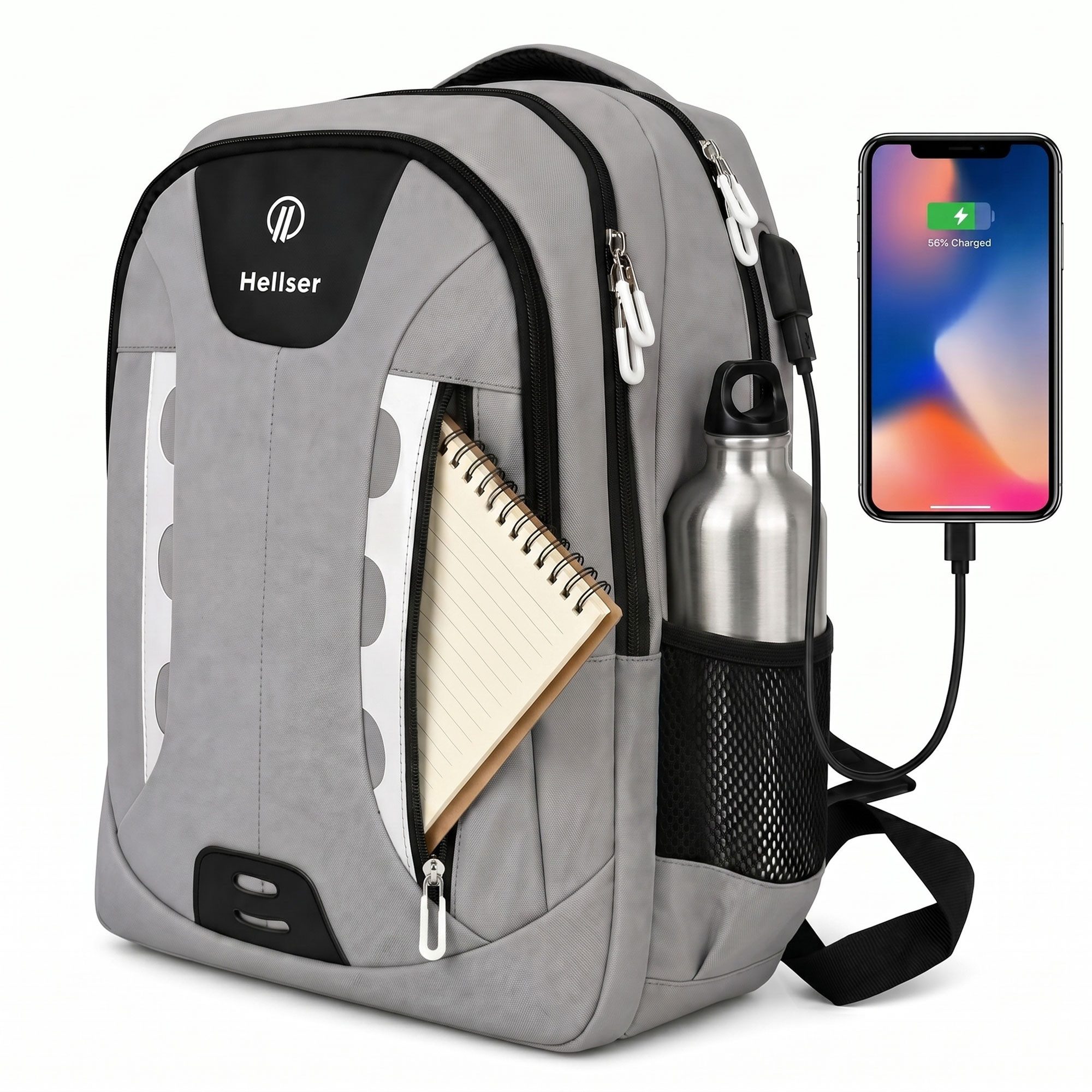 HELLSER Laptoprucksack & Schulrucksack NOVA Unisex mit USB-Ladeanschluss & Laptopfach 16 Zoll, Wasserabweisend, Reiserucksack Handgepäck, Reflektoren, Ergonomisch