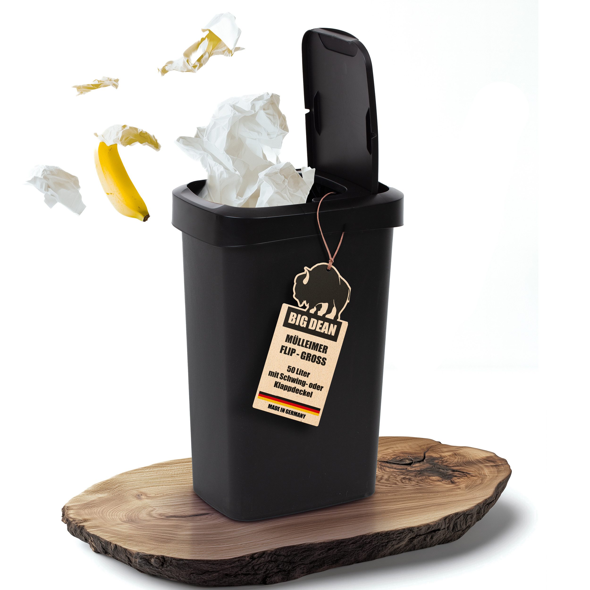 BigDean Mülleimer 50 Liter Schwing & Klappdeckel schwarz Küche, Flexible, Platzspaarend